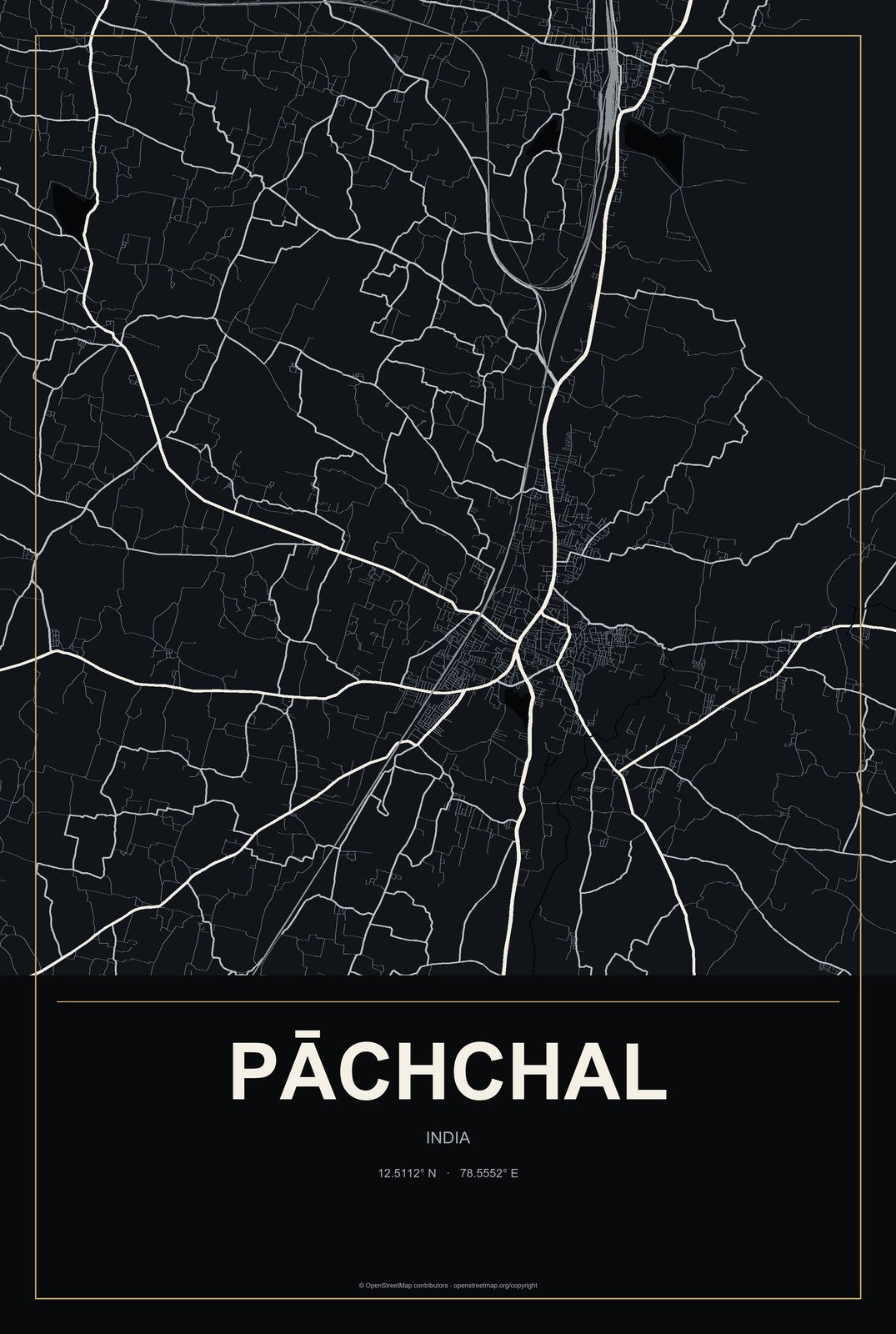 Pāchchal, India City Map Aluminum Sign in Metropolitan Noir style