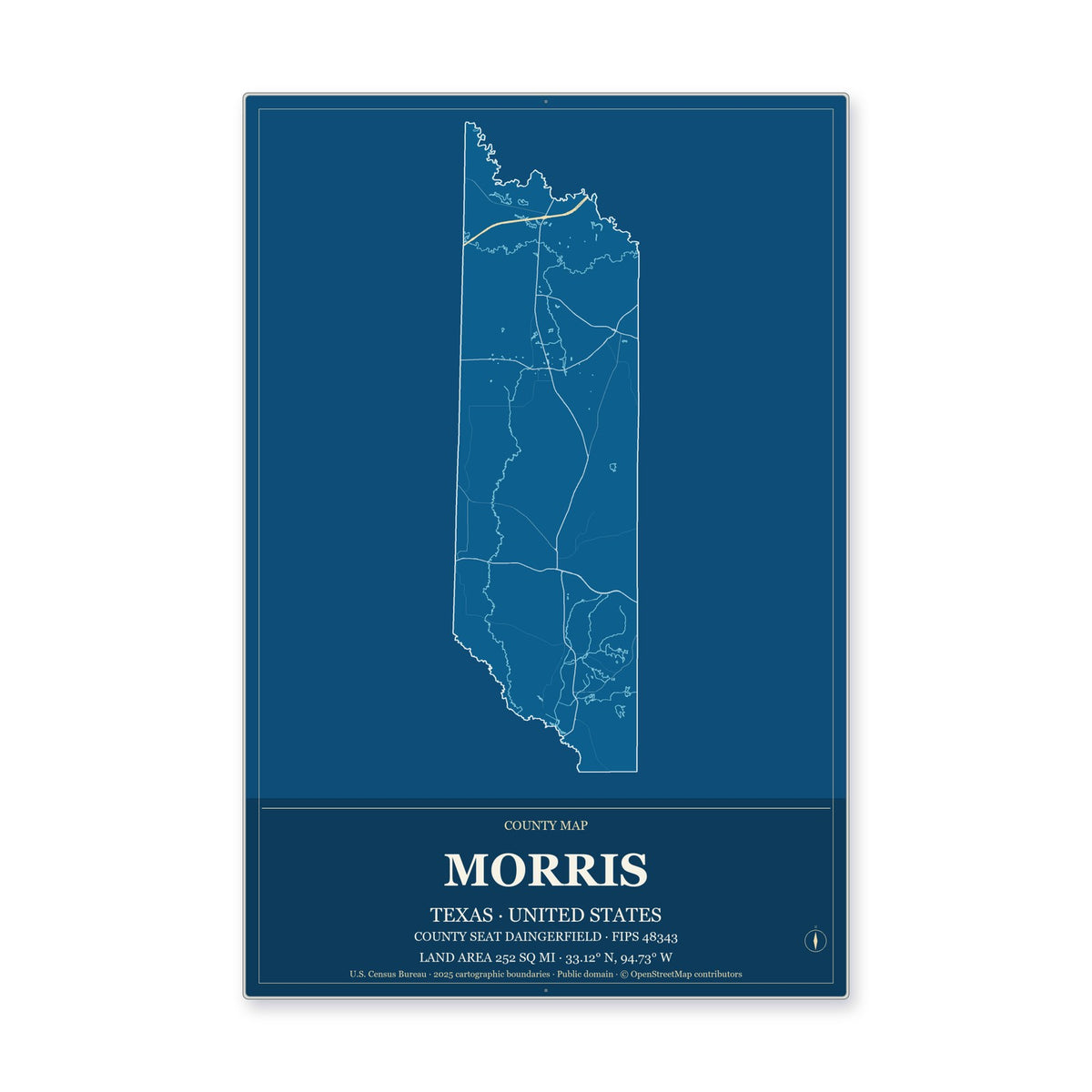 Morris County, Texas Map Aluminum Sign in Harbor Cobalt style