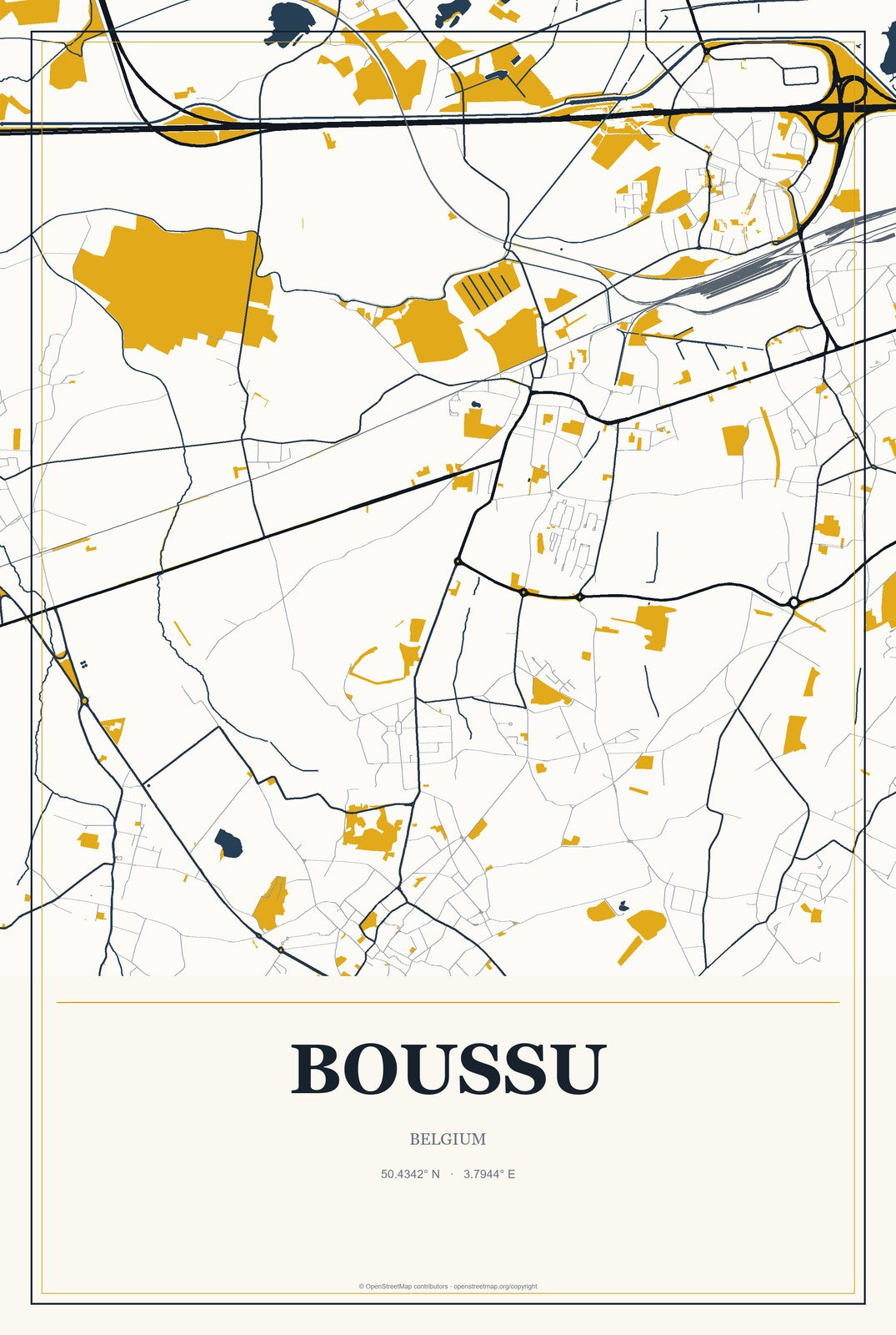 Boussu, Belgium City Map Aluminum Sign in Citrine Modern style