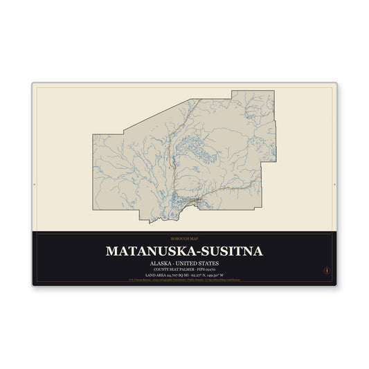 Matanuska-Susitna Borough, Alaska Map Aluminum Sign in Museum Plaque style