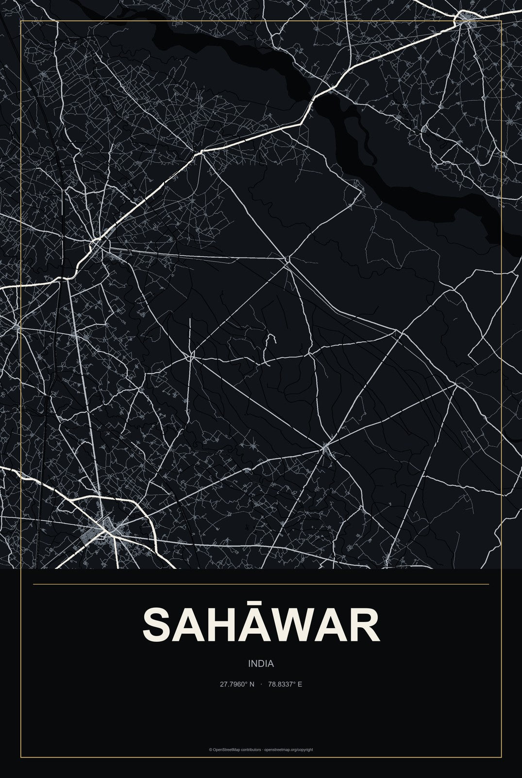 Sahāwar, India City Map Aluminum Sign in Metropolitan Noir style