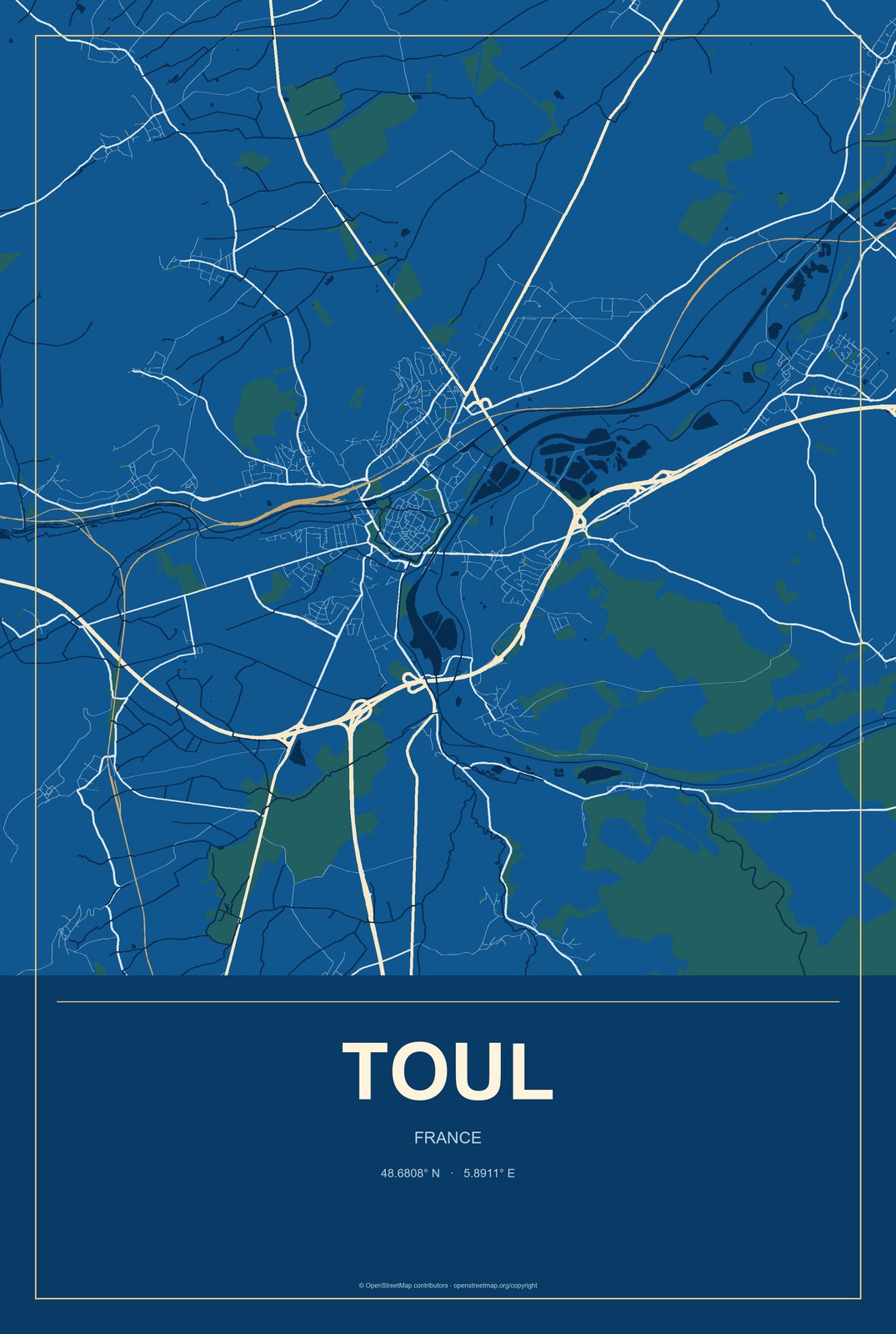 Toul, France City Map Aluminum Sign in Harbor Cobalt style
