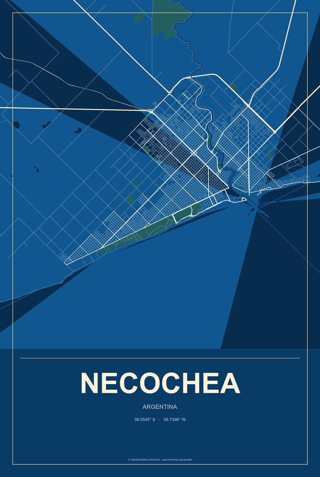 Necochea, Argentina City Map Aluminum Sign in Harbor Cobalt style
