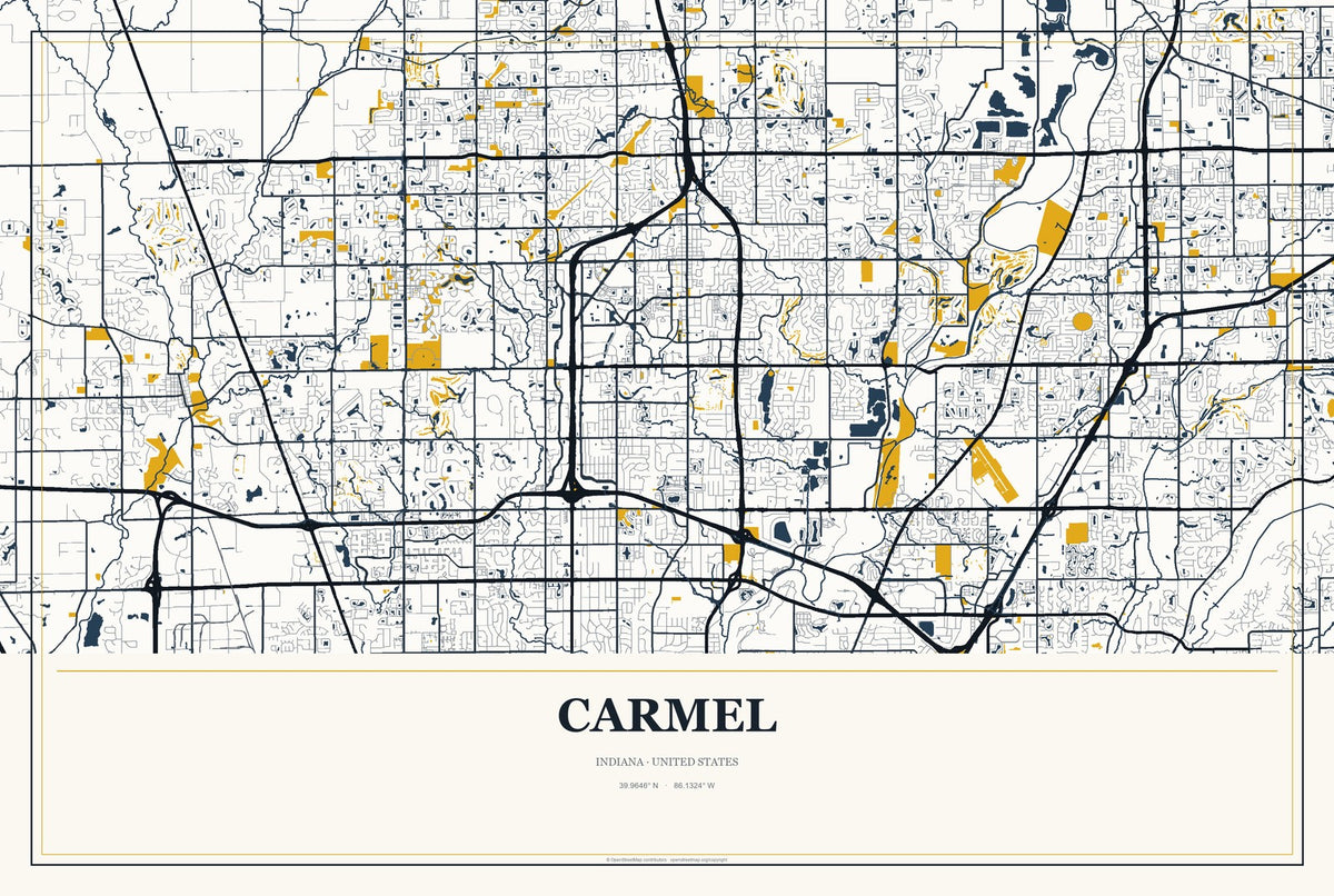 Carmel, Indiana City Map Aluminum Sign in Citrine Modern style