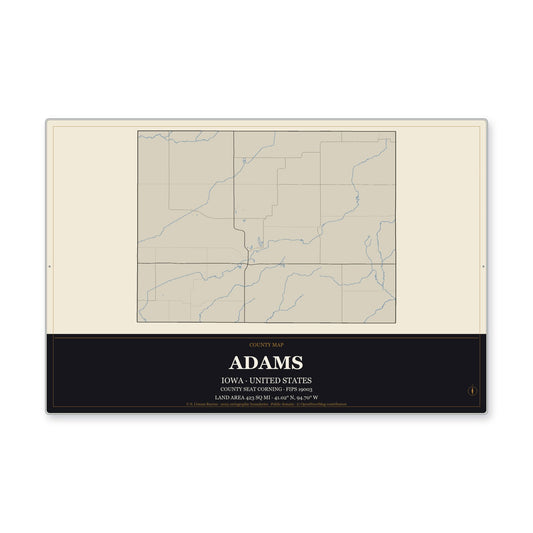 Adams County, Iowa Map Aluminum Sign in Museum Plaque style