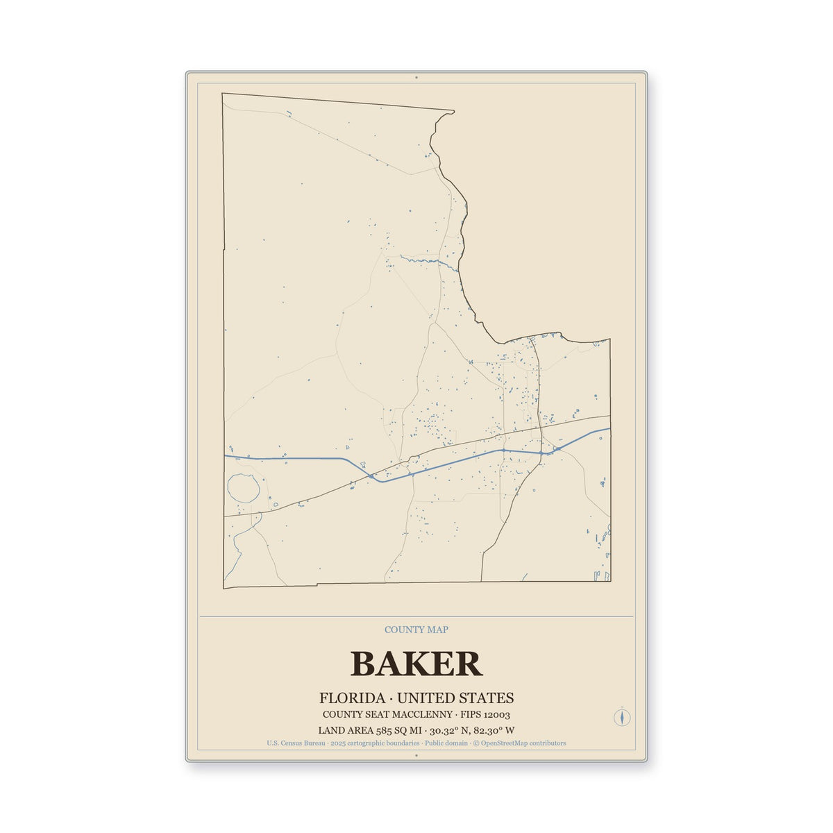 Baker County, Florida Map Aluminum Sign in Heritage Nautical style