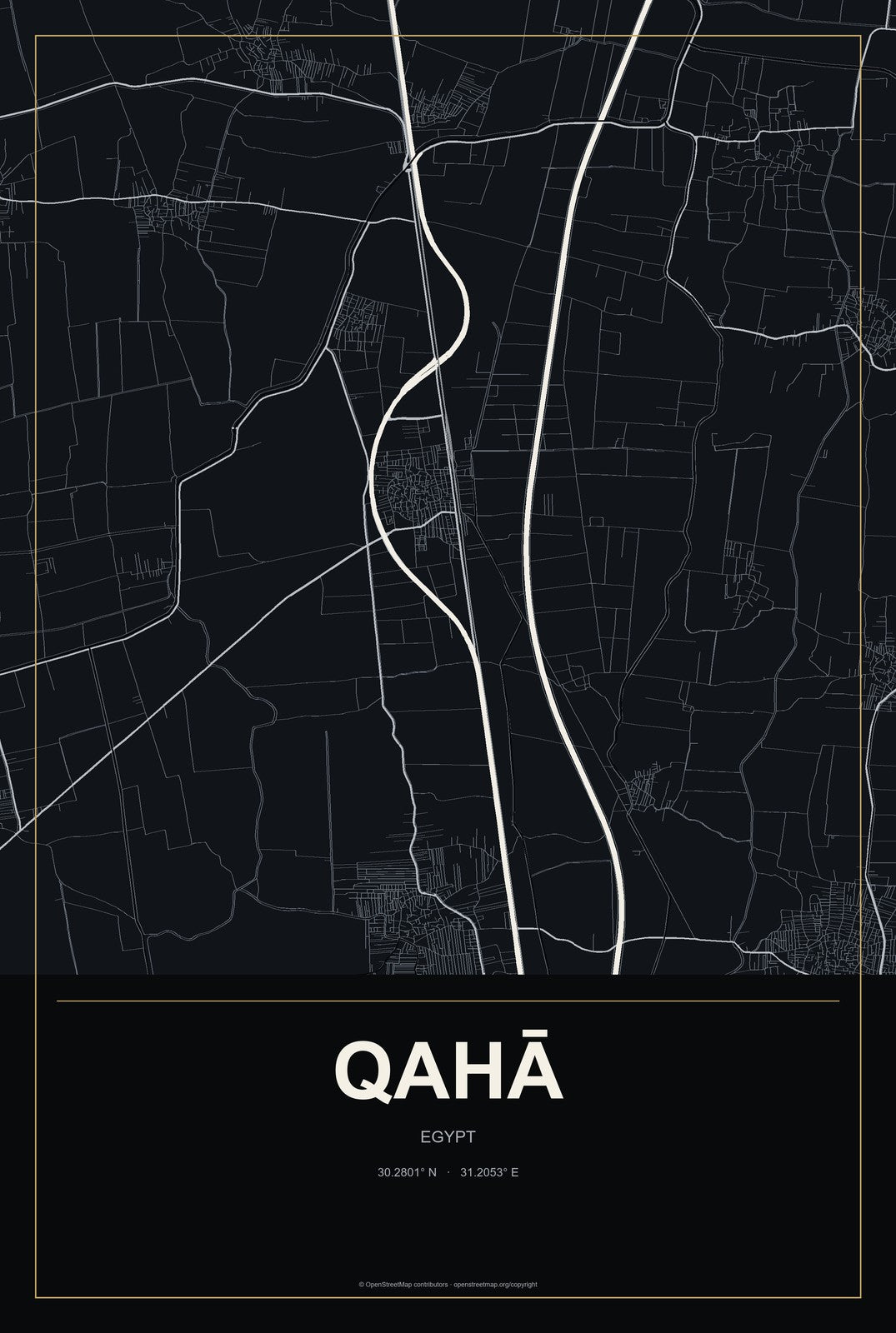 Qahā, Egypt City Map Aluminum Sign in Metropolitan Noir style