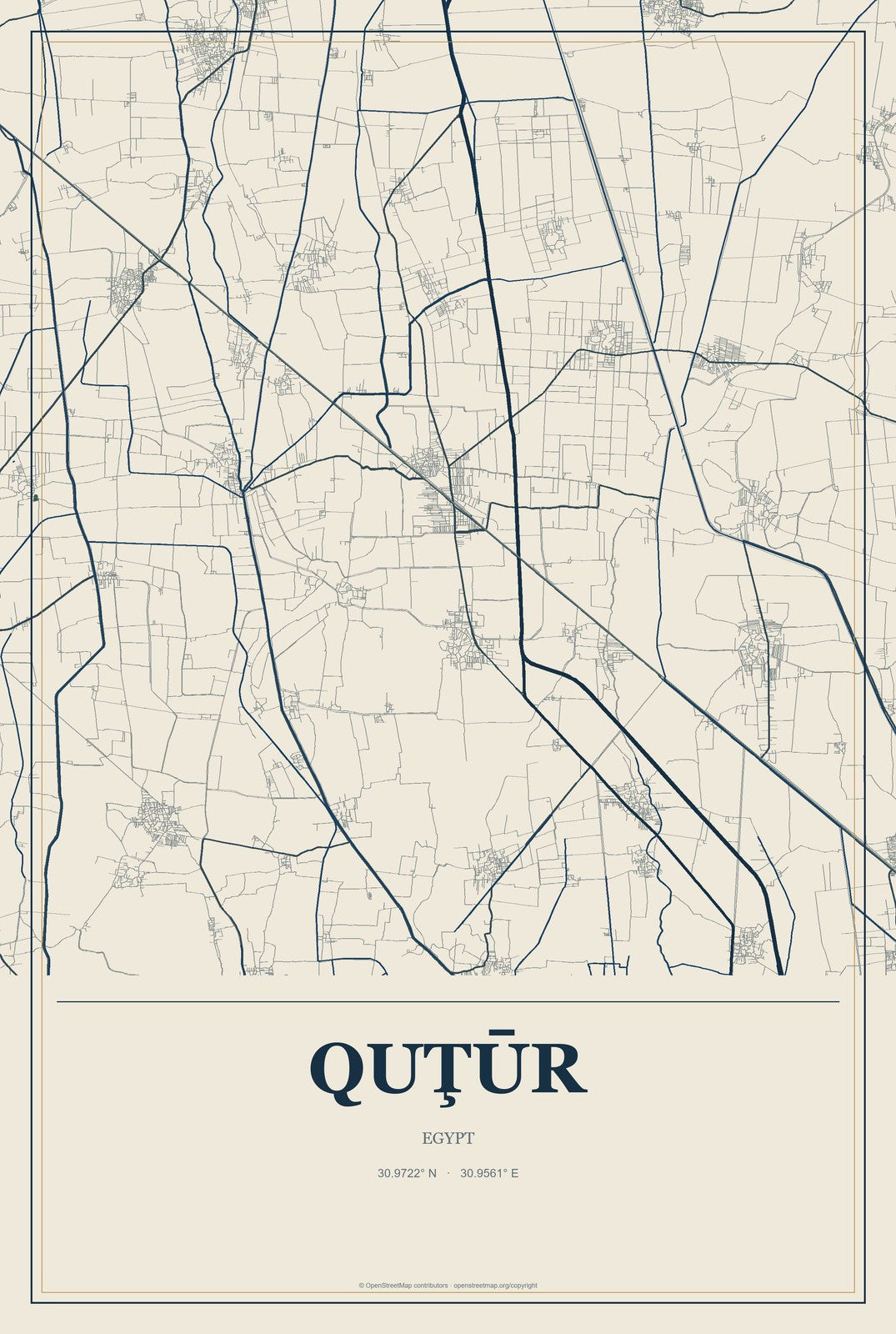 Quţūr, Egypt City Map Aluminum Sign in Coastal Cutout style