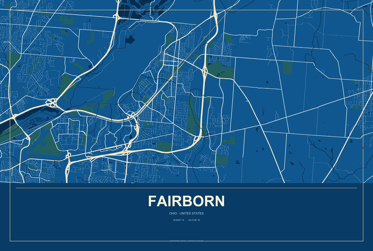 Fairborn, Ohio City Map Aluminum Sign in Harbor Cobalt style