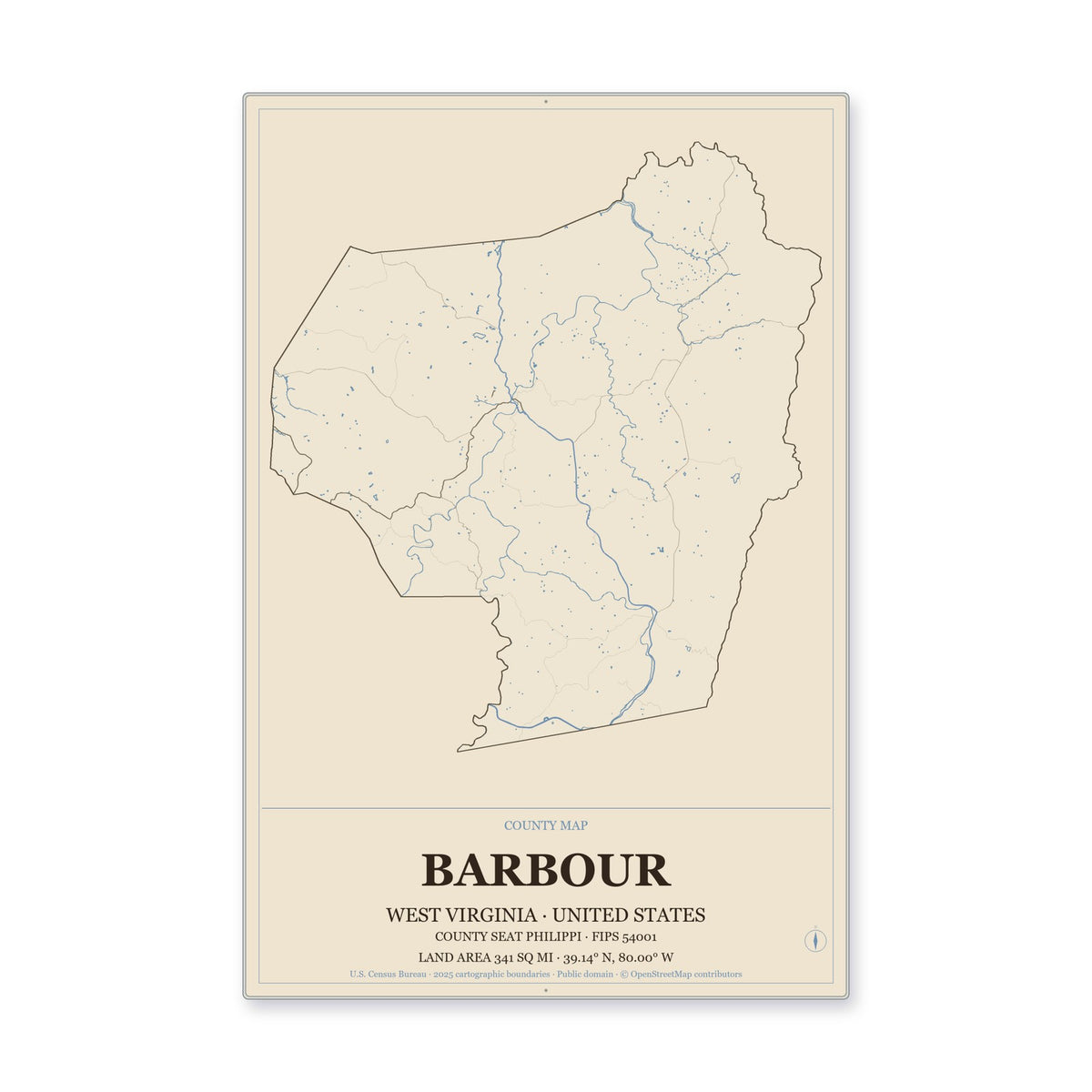 Barbour County, West Virginia Map Aluminum Sign in Heritage Nautical style