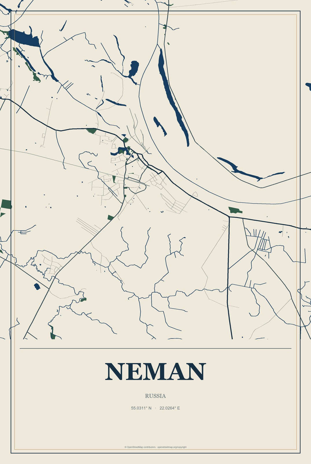 Neman, Russia City Map Aluminum Sign in Coastal Cutout style
