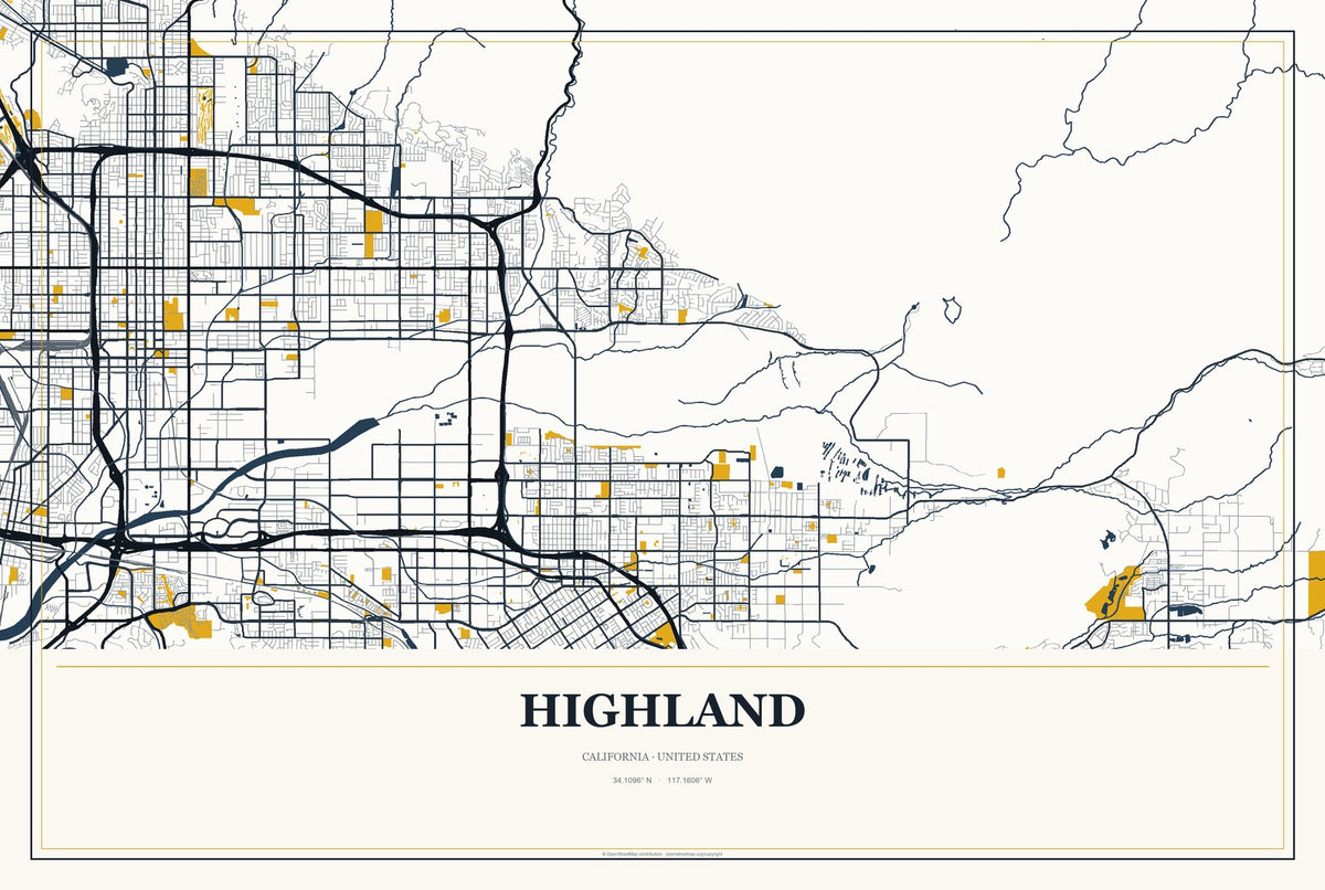 Highland, California City Map Aluminum Sign in Citrine Modern style