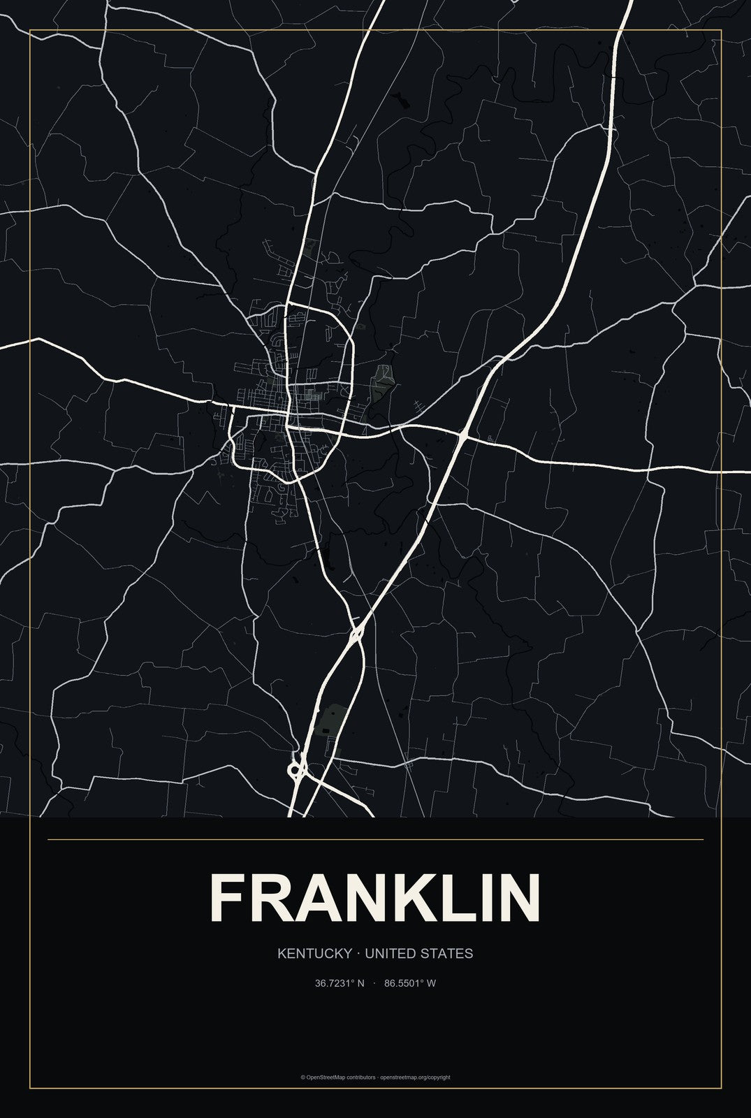 Franklin, Kentucky City Map Aluminum Sign in Metropolitan Noir style