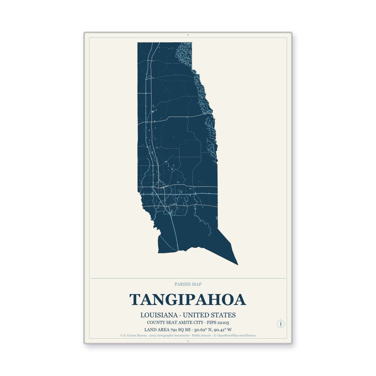 Tangipahoa Parish, Louisiana Map Aluminum Sign in Coastal Cutout style