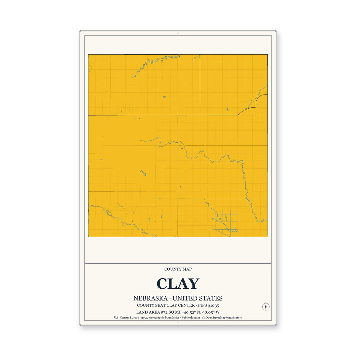 Clay County, Nebraska Map Aluminum Sign in Citrine Modern style
