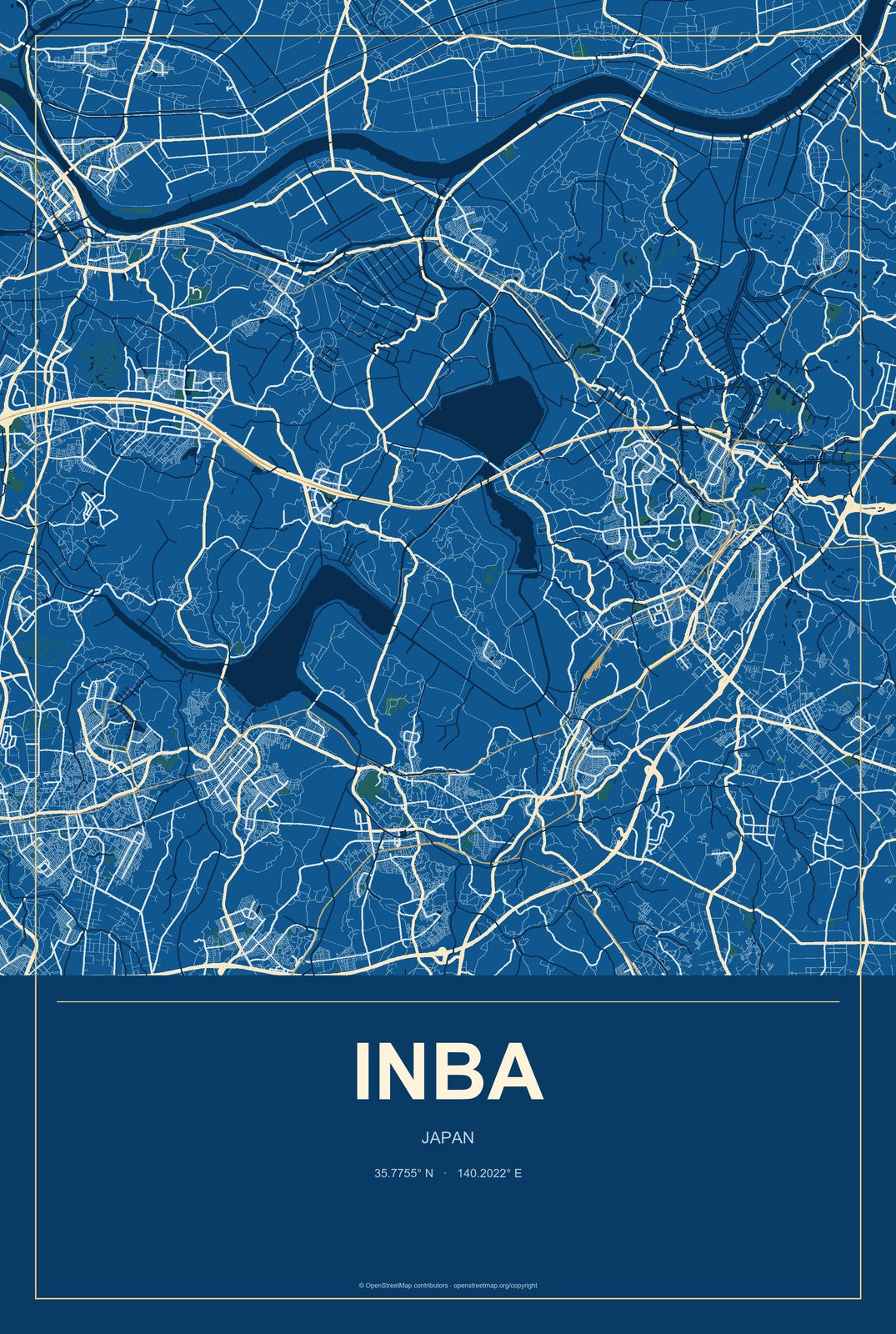 Inba, Japan City Map Aluminum Sign in Harbor Cobalt style