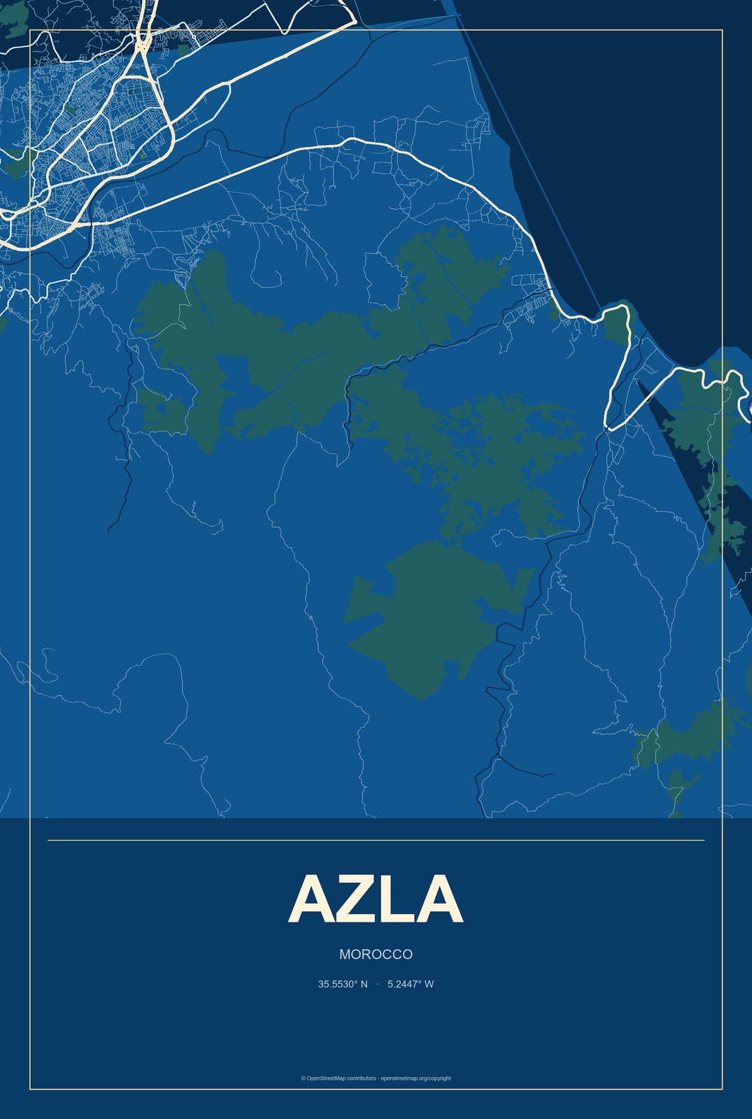 Azla, Morocco City Map Aluminum Sign in Harbor Cobalt style