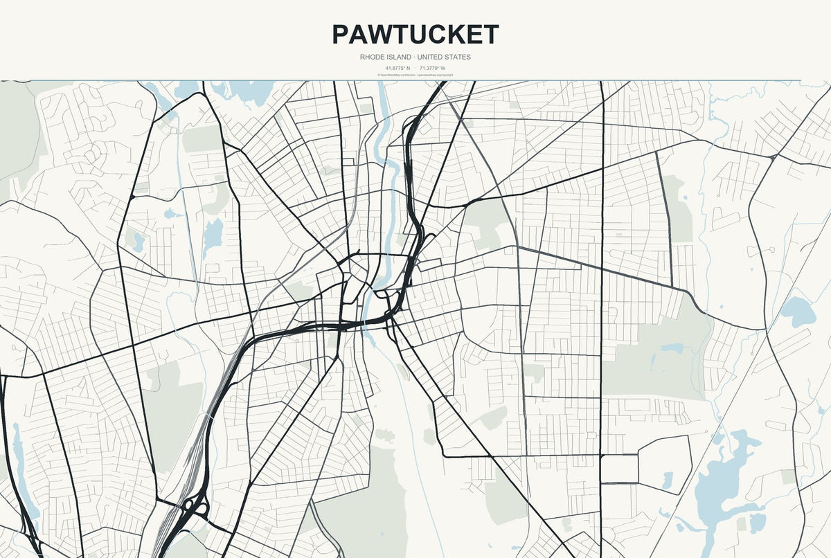 Pawtucket, Rhode Island City Map Aluminum Sign in Headline Atlas style