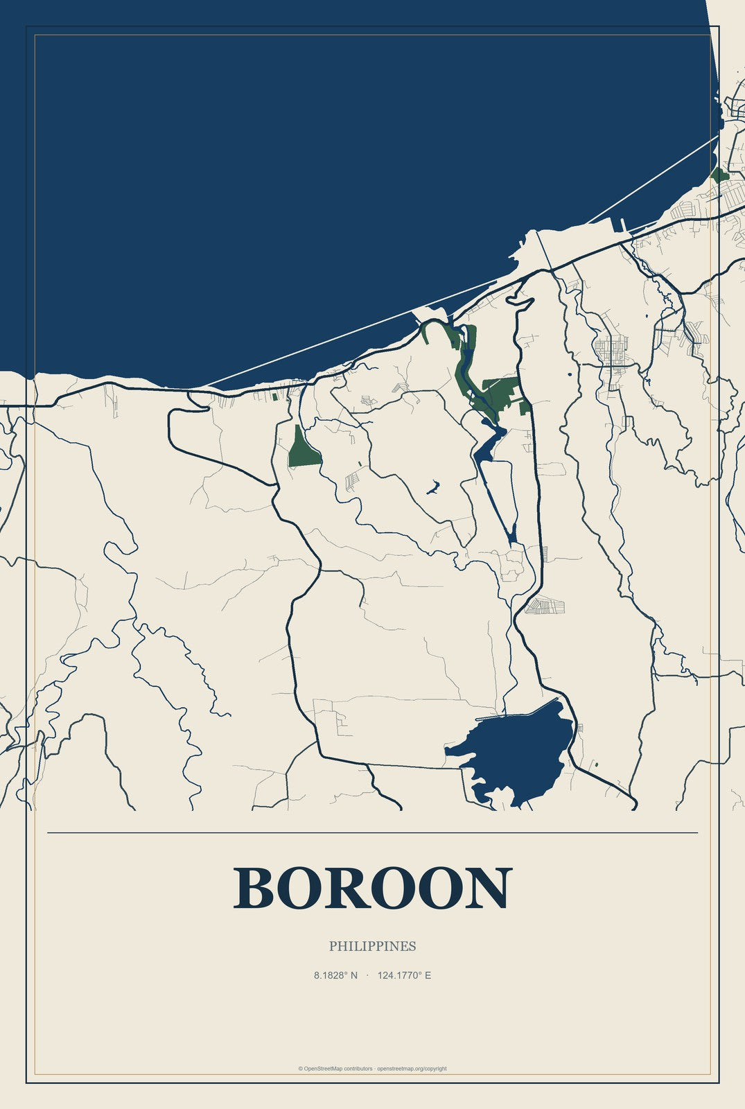 Boroon, Philippines City Map Aluminum Sign in Coastal Cutout style
