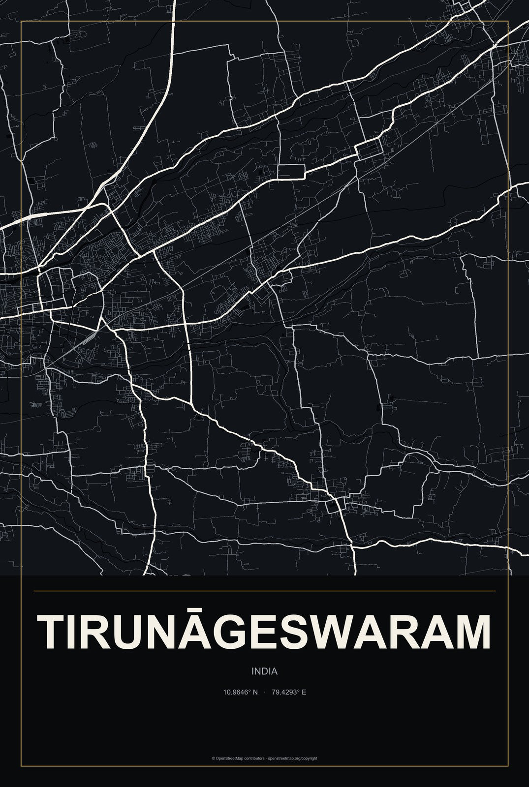 Tirunāgeswaram, India City Map Aluminum Sign in Metropolitan Noir style