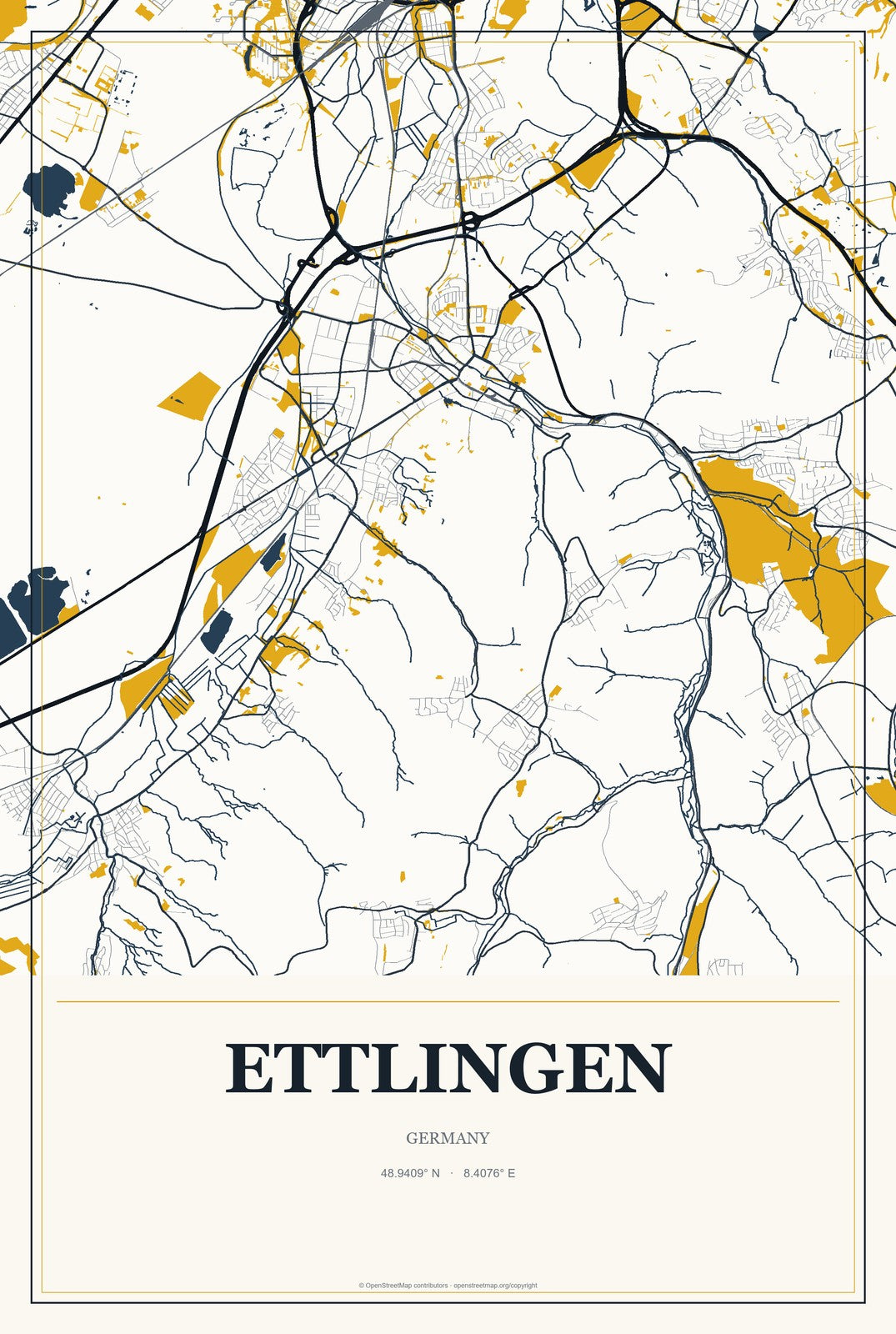 Ettlingen, Germany City Map Aluminum Sign in Citrine Modern style