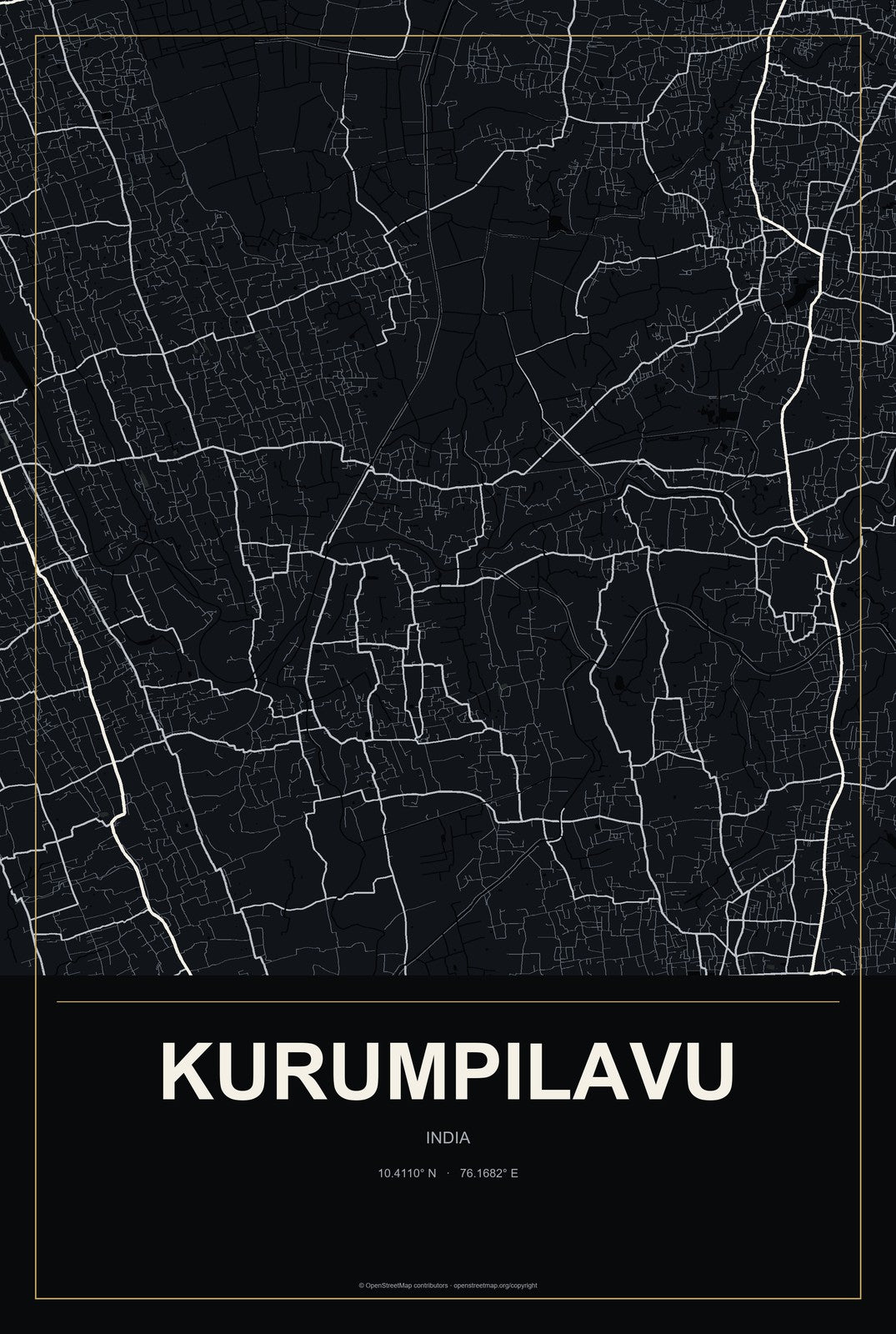 Kurumpilavu, India City Map Aluminum Sign in Metropolitan Noir style