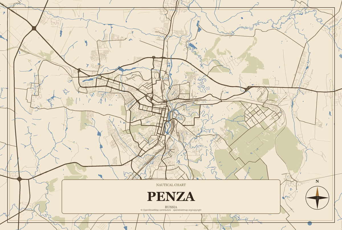 Penza, Russia City Map Aluminum Sign in Heritage Nautical style