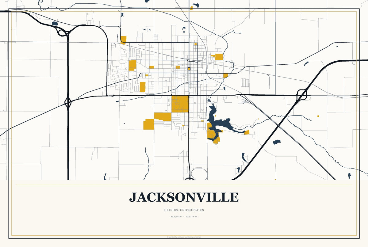 Jacksonville, Illinois City Map Aluminum Sign in Citrine Modern style