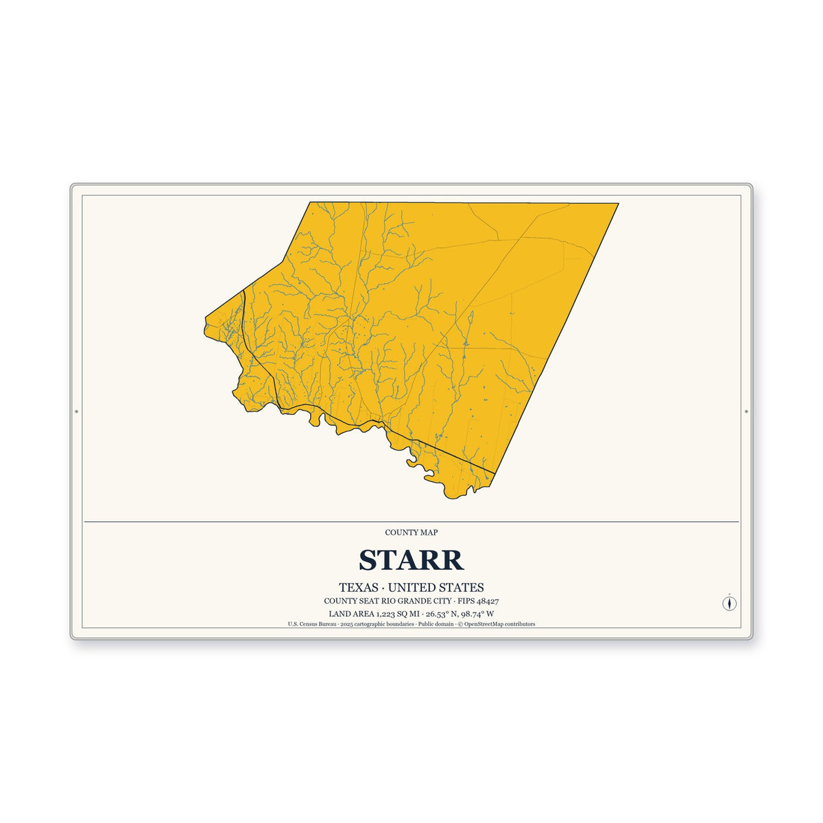 Starr County, Texas Map Aluminum Sign in Citrine Modern style
