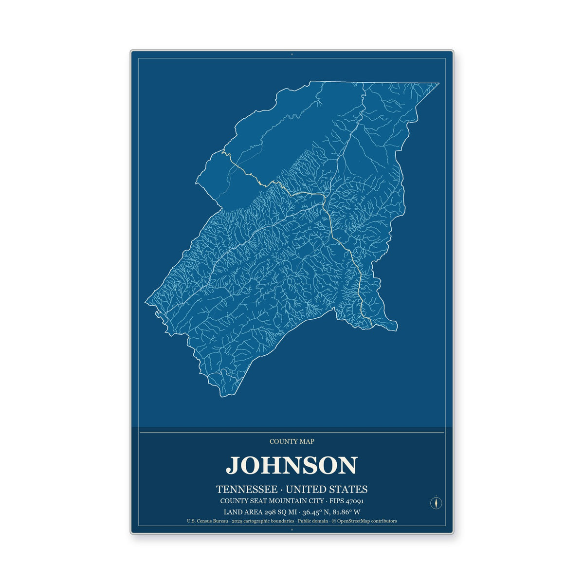 Johnson County, Tennessee Map Aluminum Sign in Harbor Cobalt style