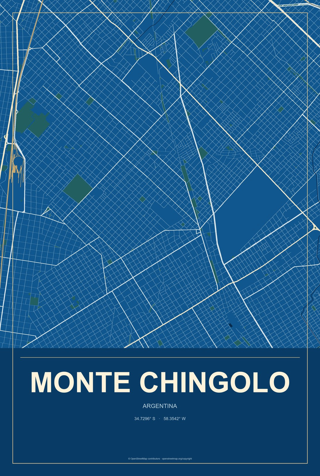 Monte Chingolo, Argentina City Map Aluminum Sign in Harbor Cobalt style