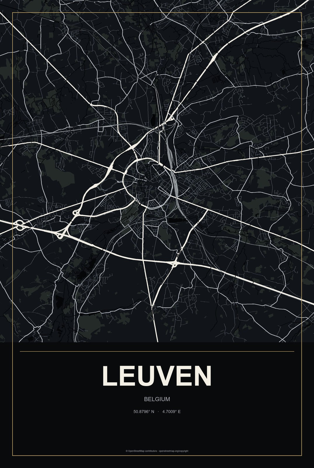 Leuven, Belgium City Map Aluminum Sign in Metropolitan Noir style