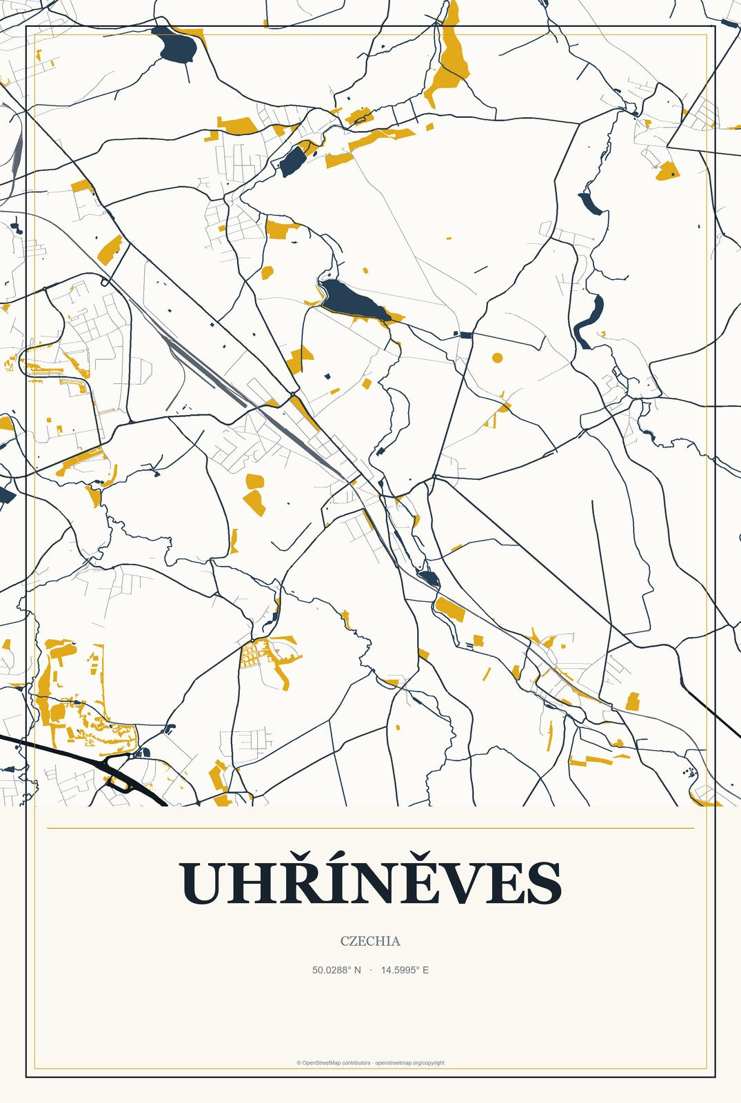 Uhříněves, Czechia City Map Aluminum Sign in Citrine Modern style
