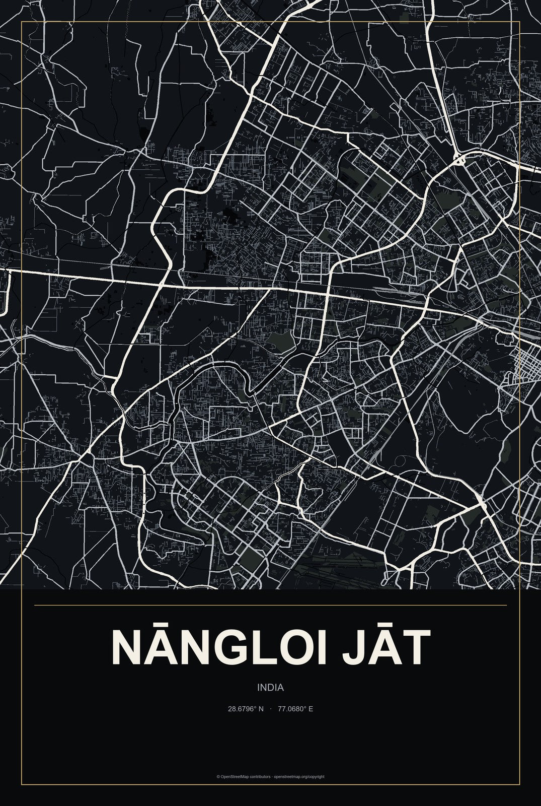 Nāngloi Jāt, India City Map Aluminum Sign in Metropolitan Noir style