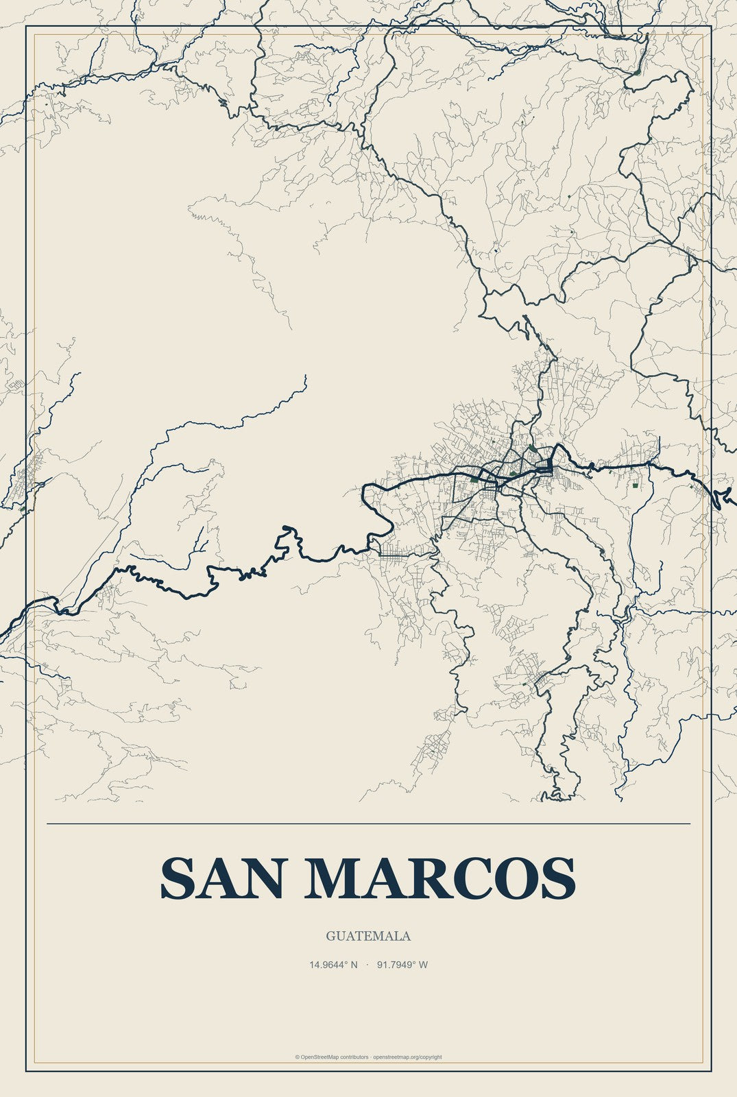 San Marcos, Guatemala City Map Aluminum Sign in Coastal Cutout style