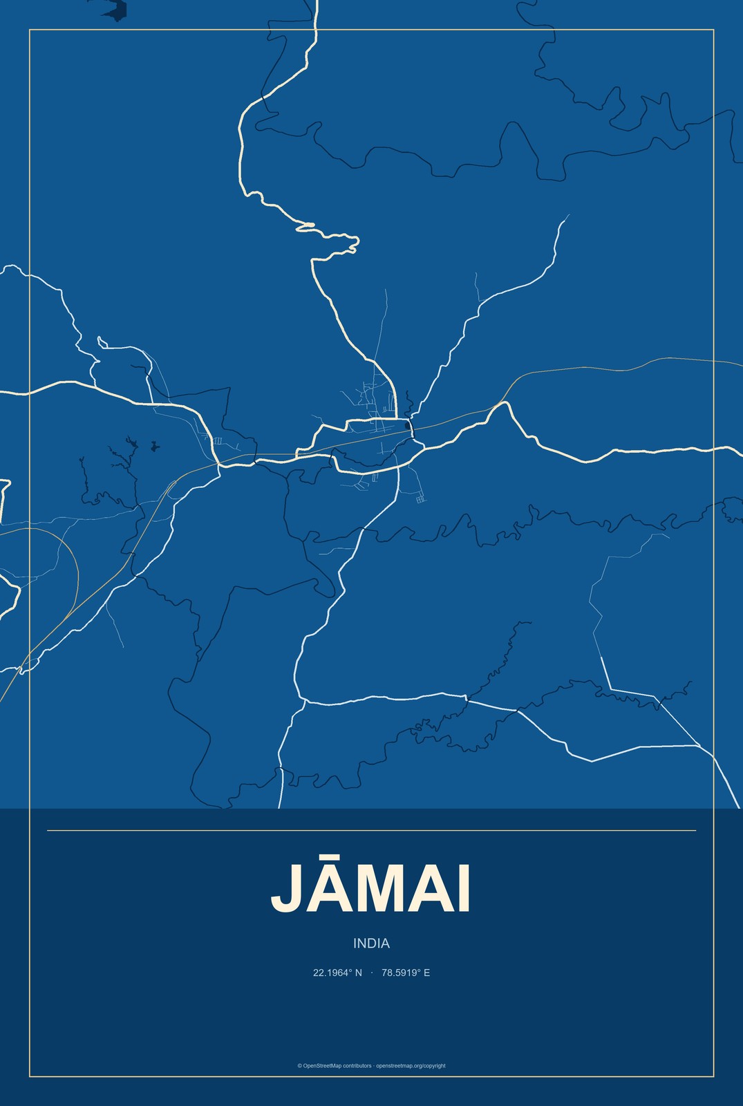Jāmai, India City Map Aluminum Sign in Harbor Cobalt style