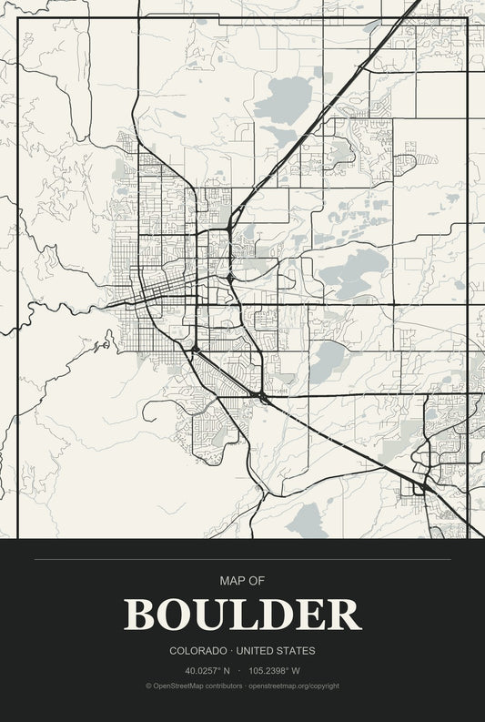 Boulder, Colorado City Map Aluminum Sign in Museum Plaque style