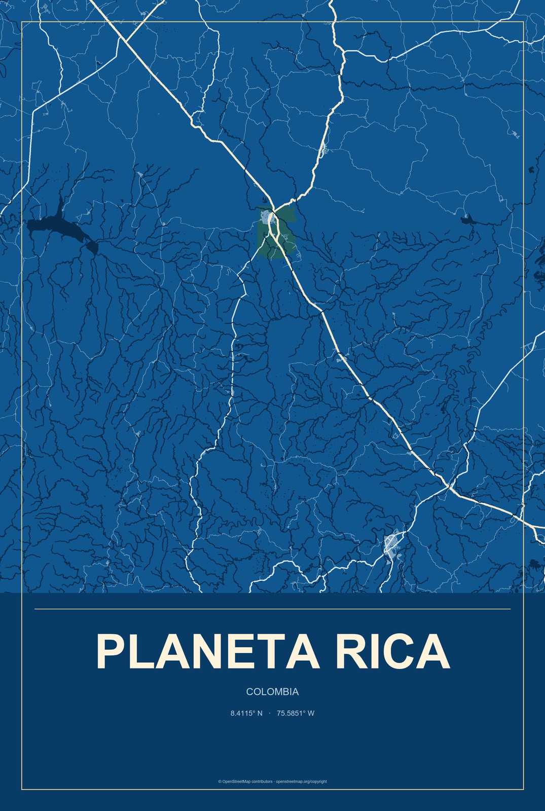 Planeta Rica, Colombia City Map Aluminum Sign in Harbor Cobalt style