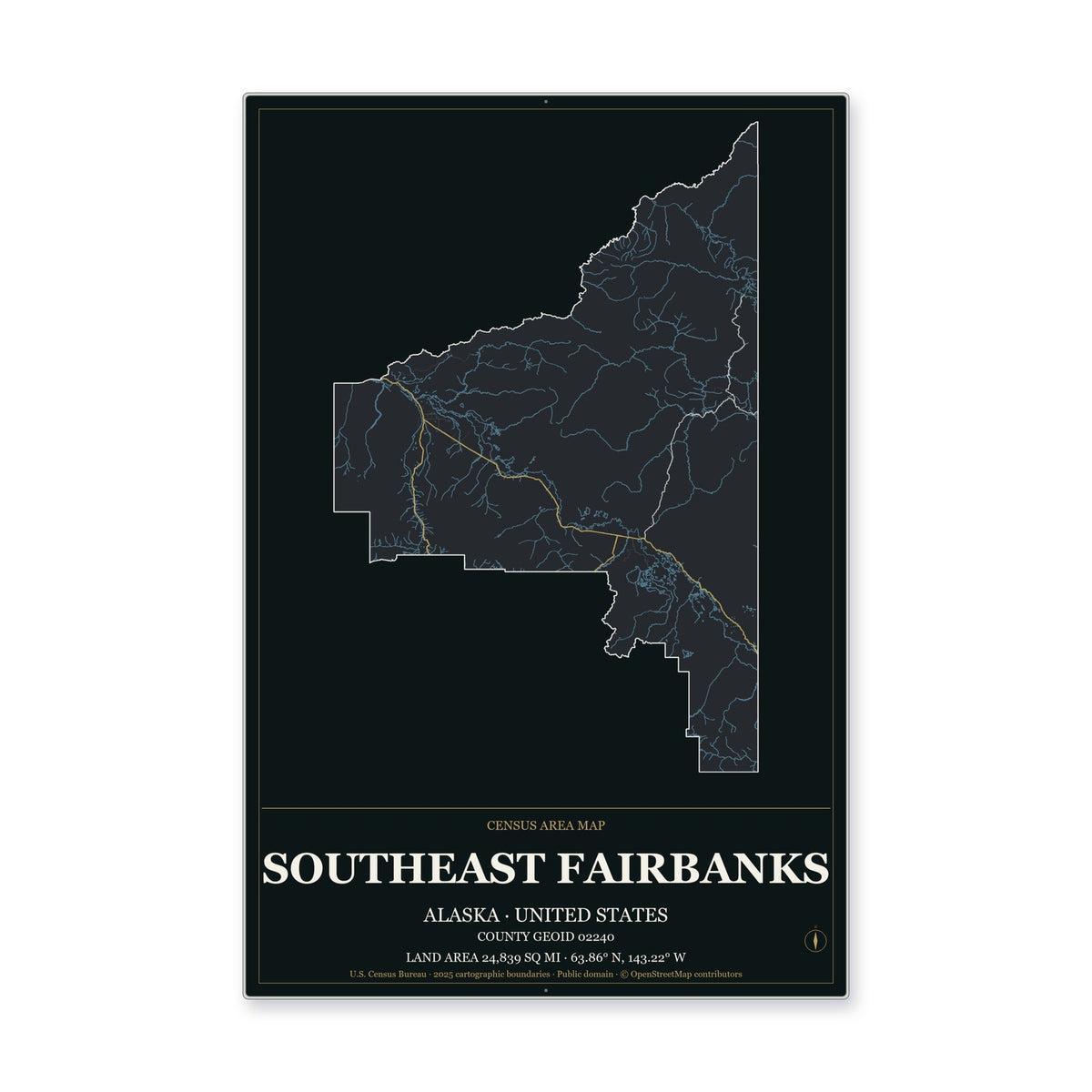 Southeast Fairbanks Census Area, Alaska Map Aluminum Sign in Metropolitan Noir style