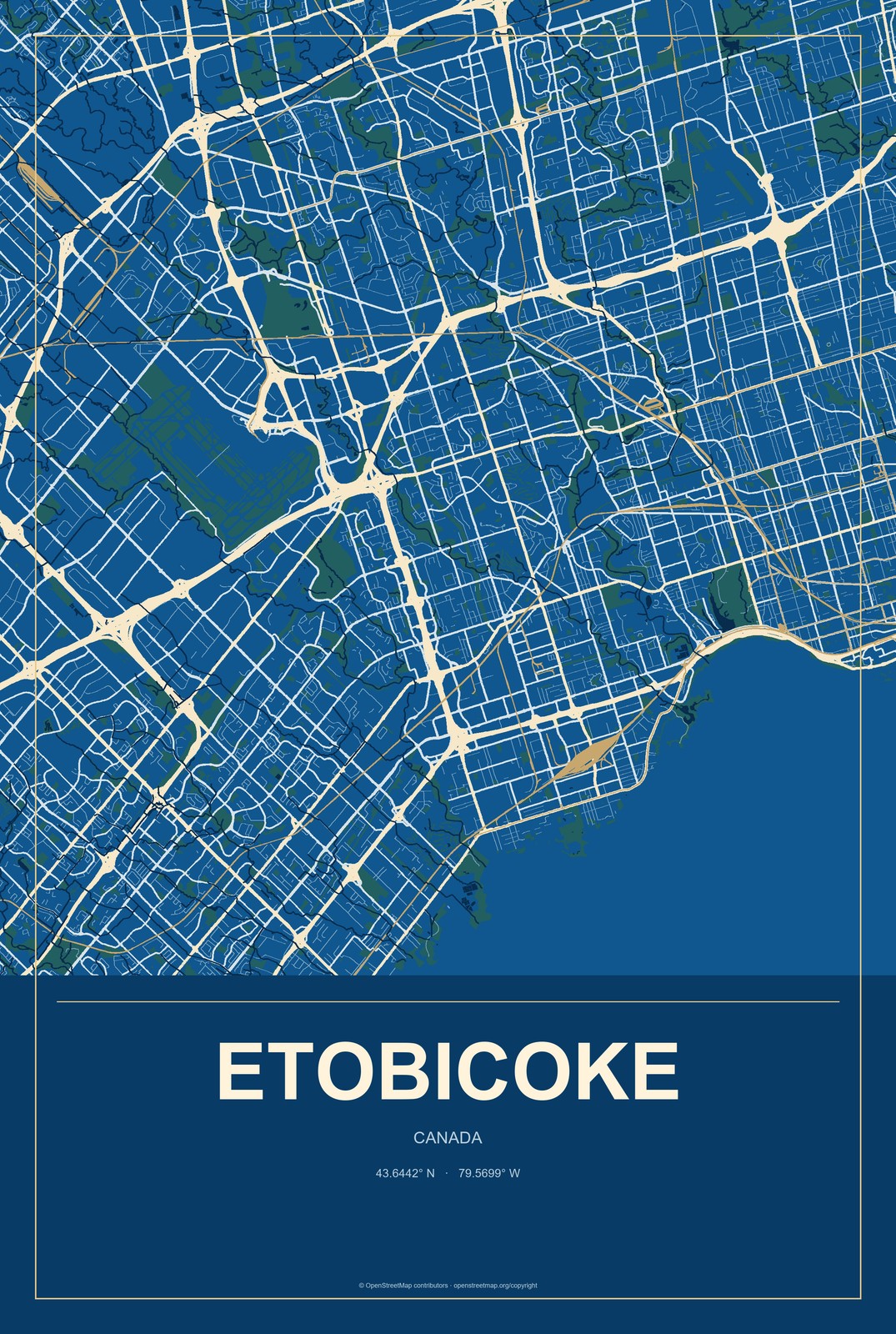 Etobicoke, Canada City Map Aluminum Sign in Harbor Cobalt style