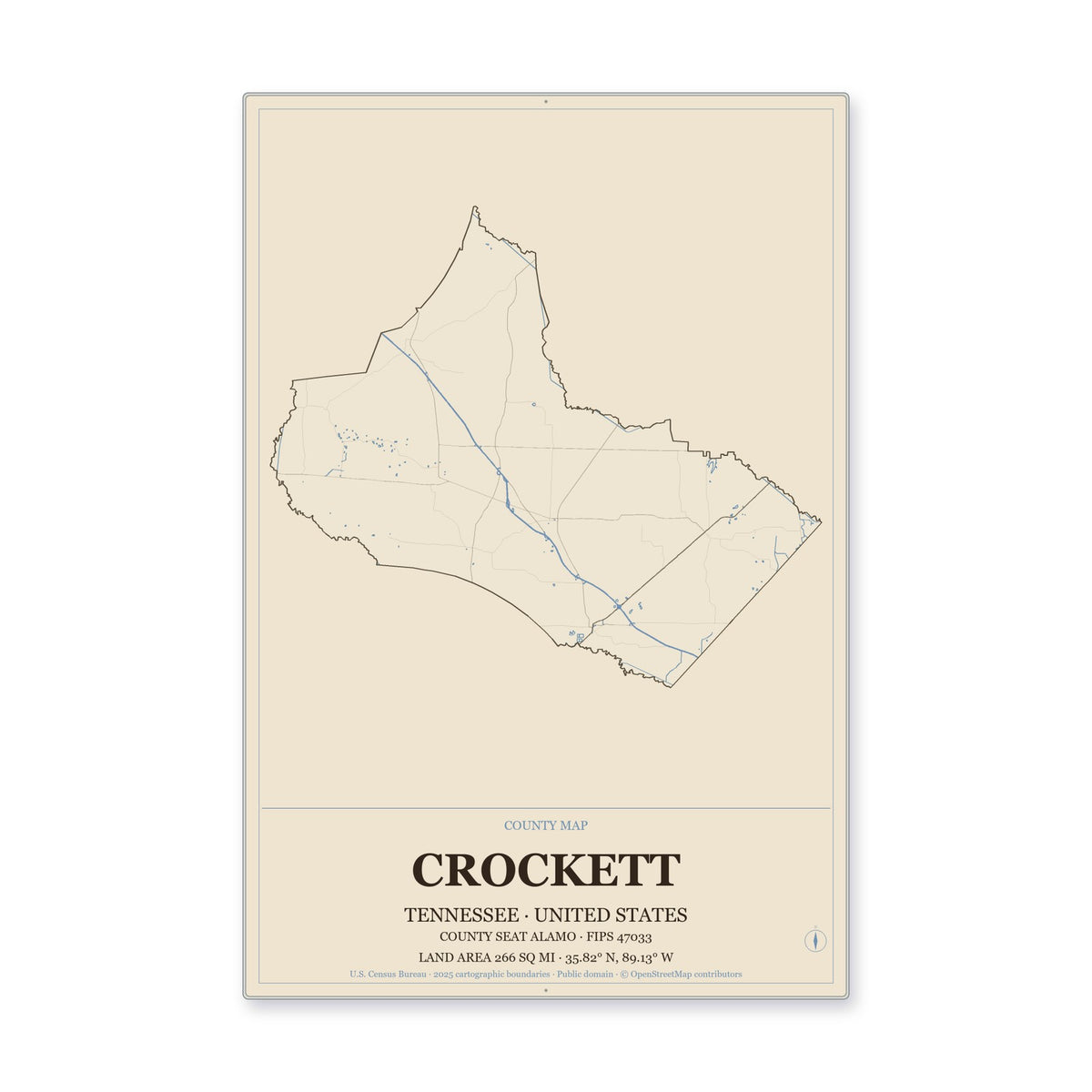 Crockett County, Tennessee Map Aluminum Sign in Heritage Nautical style
