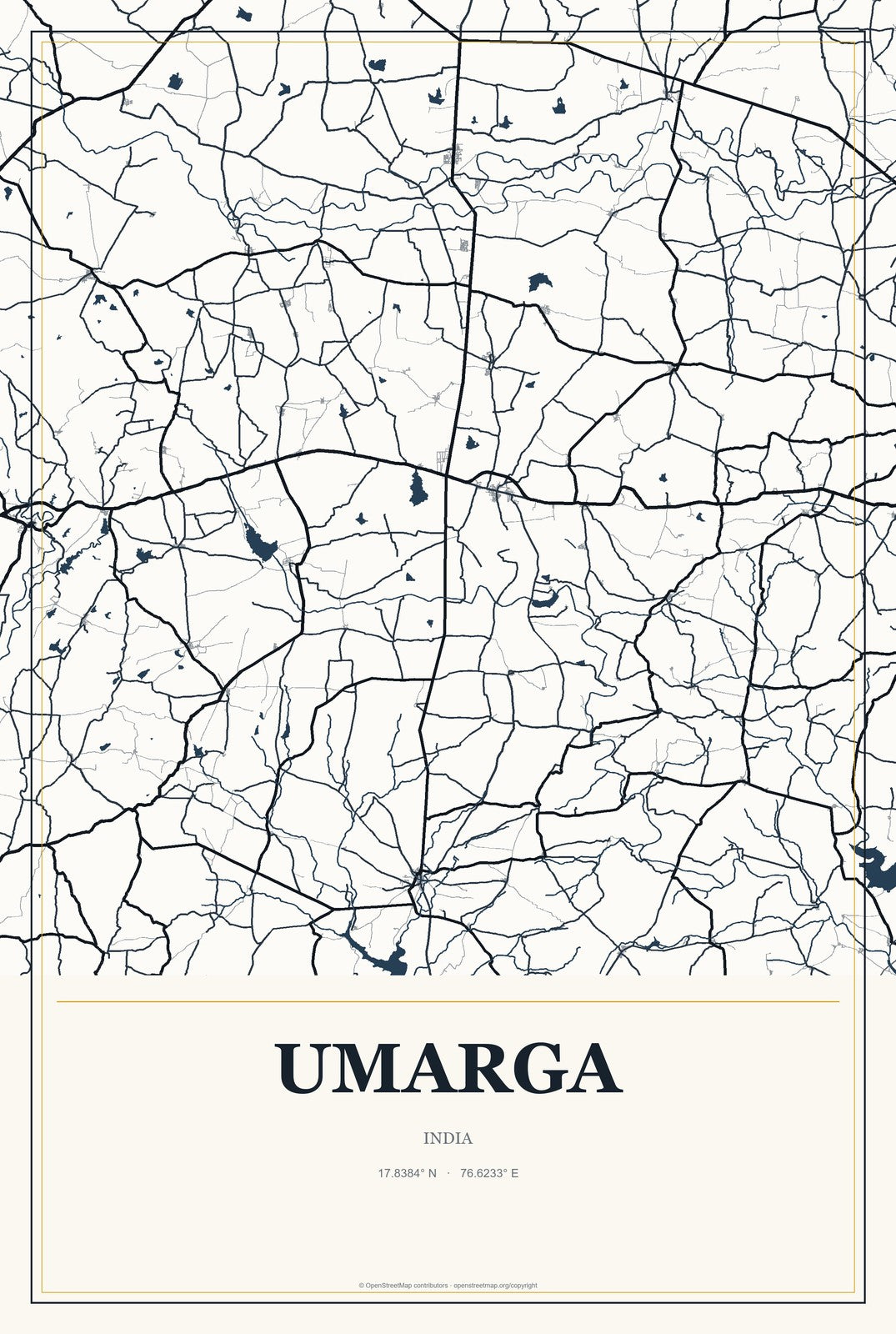 Umarga, India City Map Aluminum Sign in Citrine Modern style