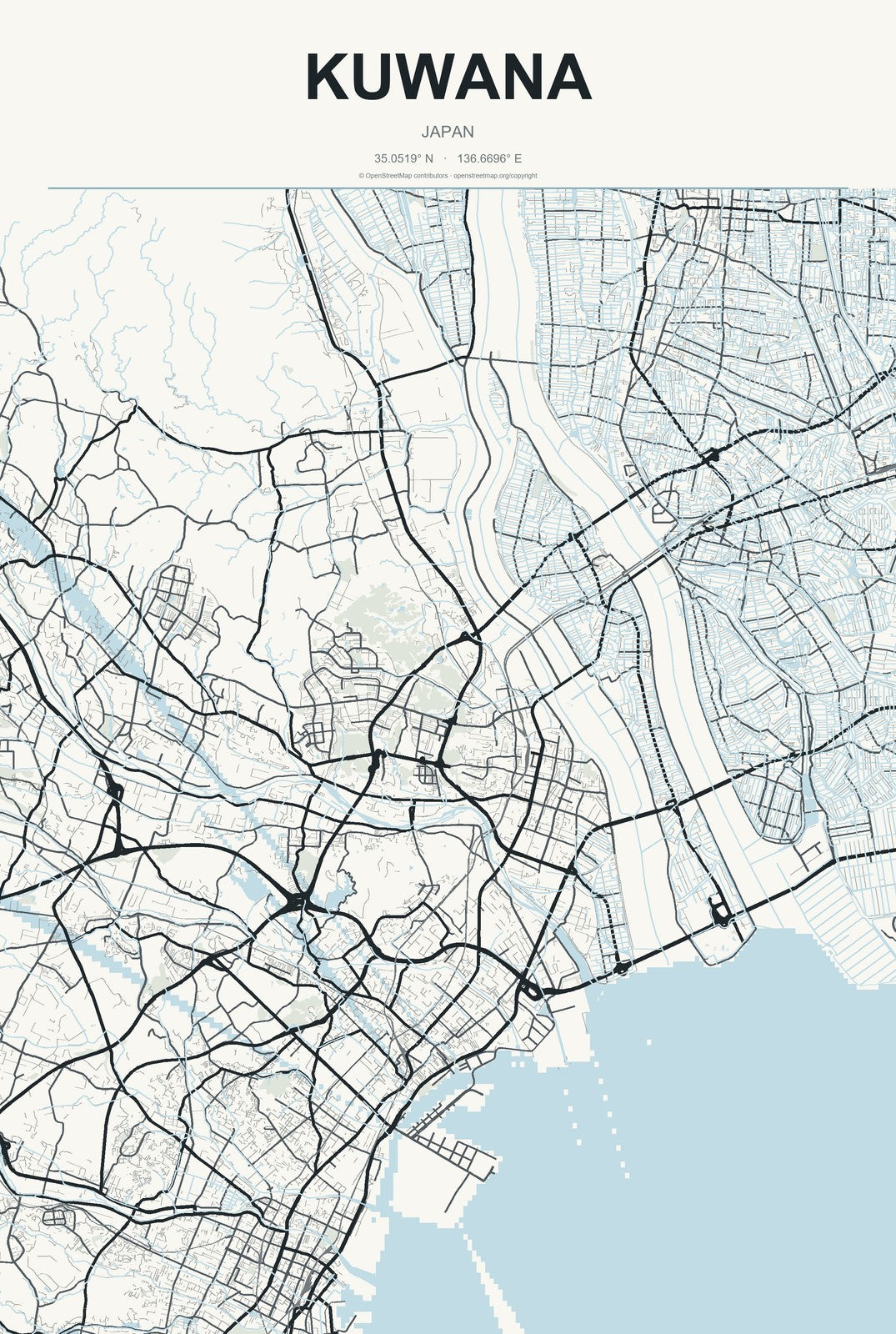 Kuwana, Japan City Map Aluminum Sign in Headline Atlas style