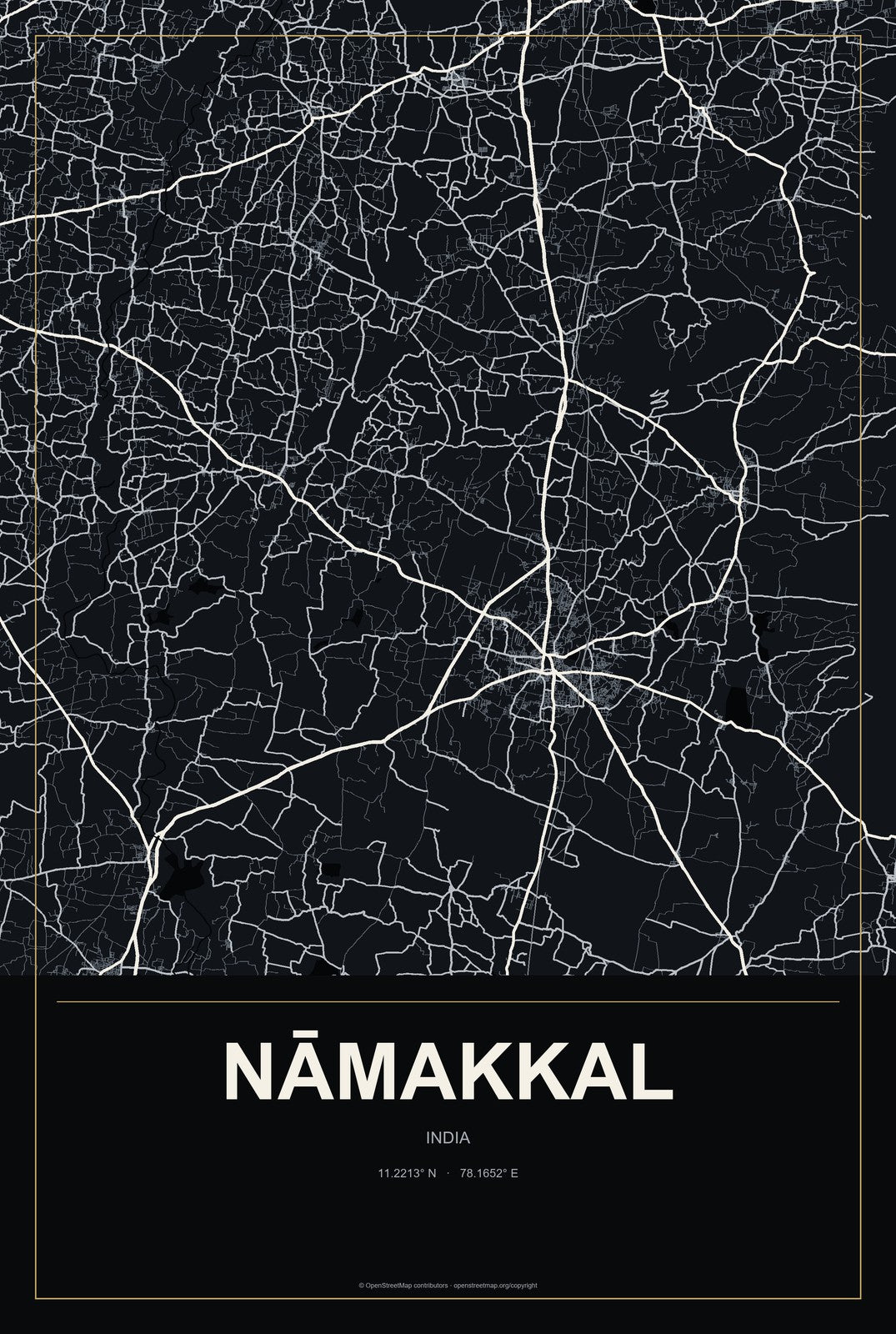Nāmakkal, India City Map Aluminum Sign in Metropolitan Noir style