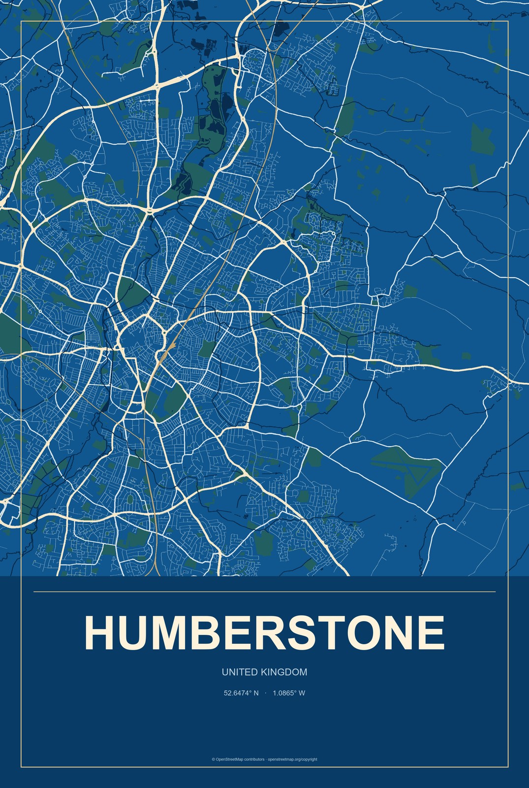 Humberstone, United Kingdom City Map Aluminum Sign in Harbor Cobalt style