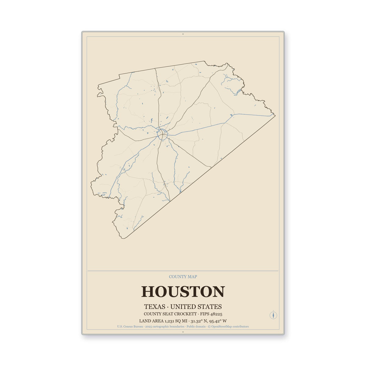 Houston County, Texas Map Aluminum Sign in Heritage Nautical style