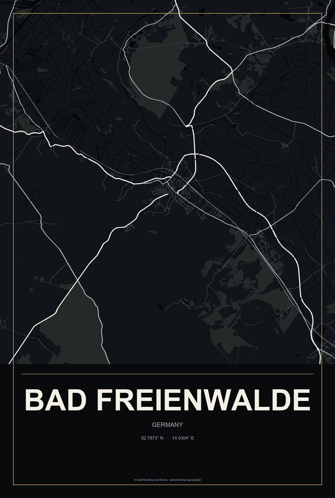 Bad Freienwalde, Germany City Map Aluminum Sign in Metropolitan Noir style