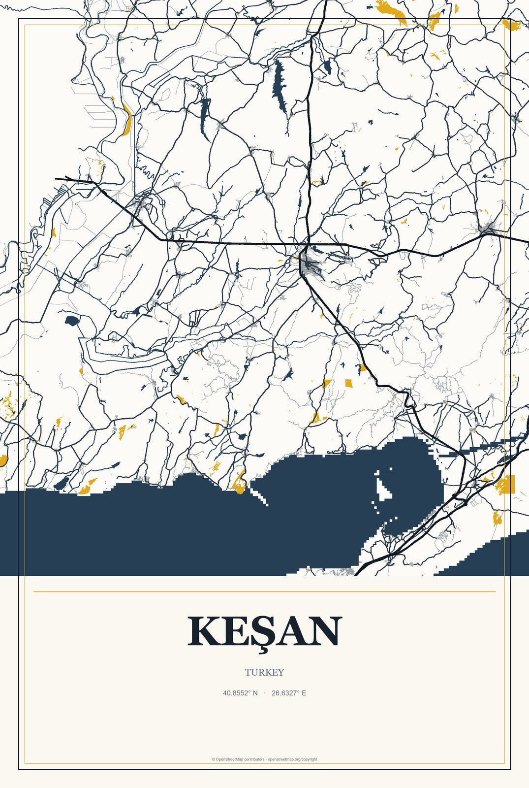 Keşan, Turkey City Map Aluminum Sign in Citrine Modern style