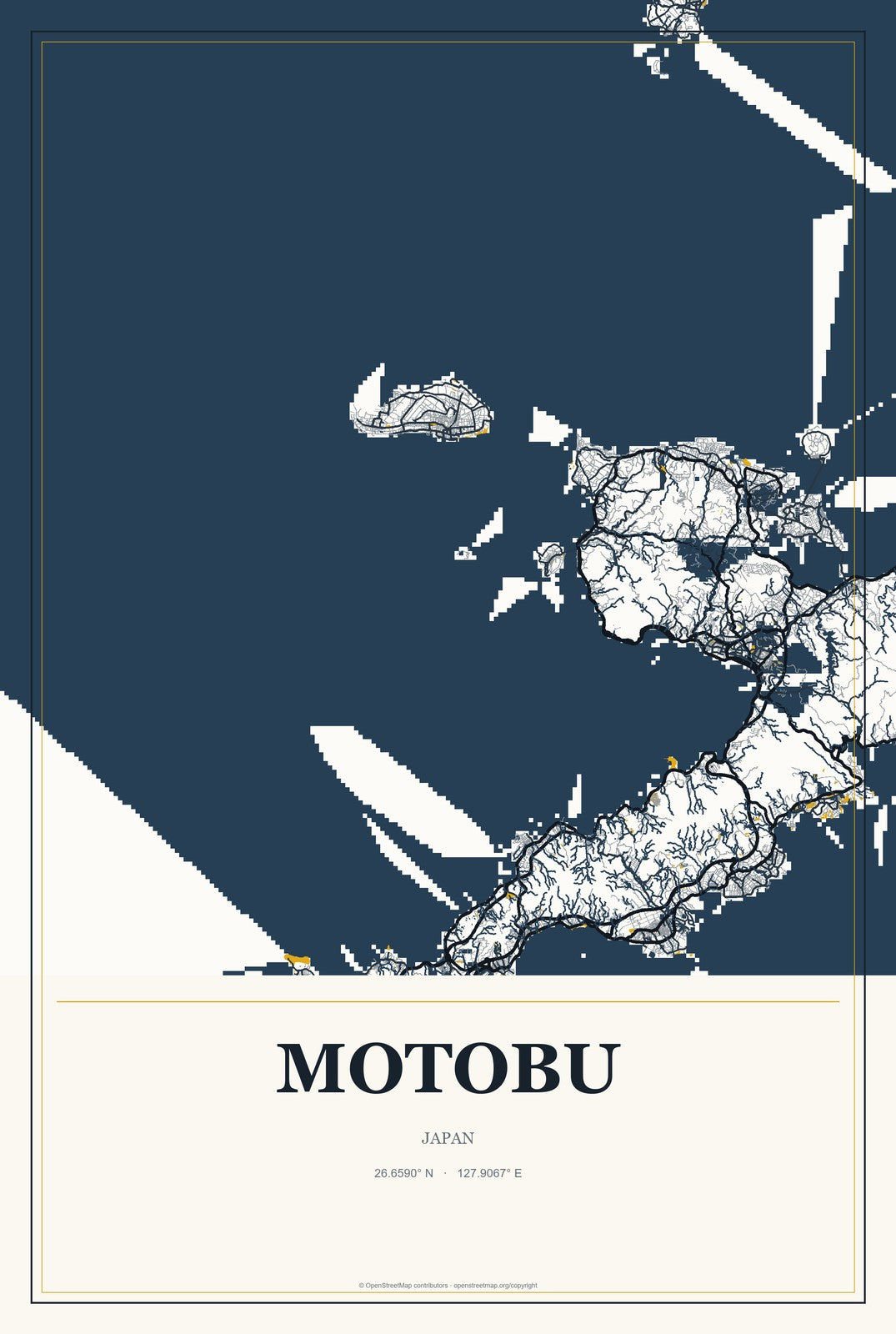 Motobu, Japan City Map Aluminum Sign in Citrine Modern style