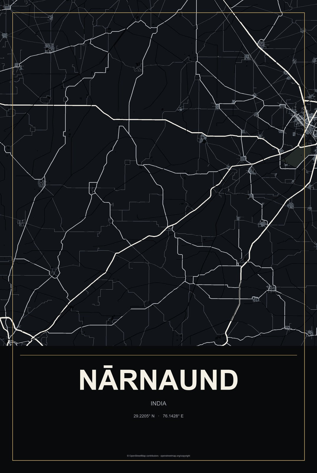 Nārnaund, India City Map Aluminum Sign in Metropolitan Noir style